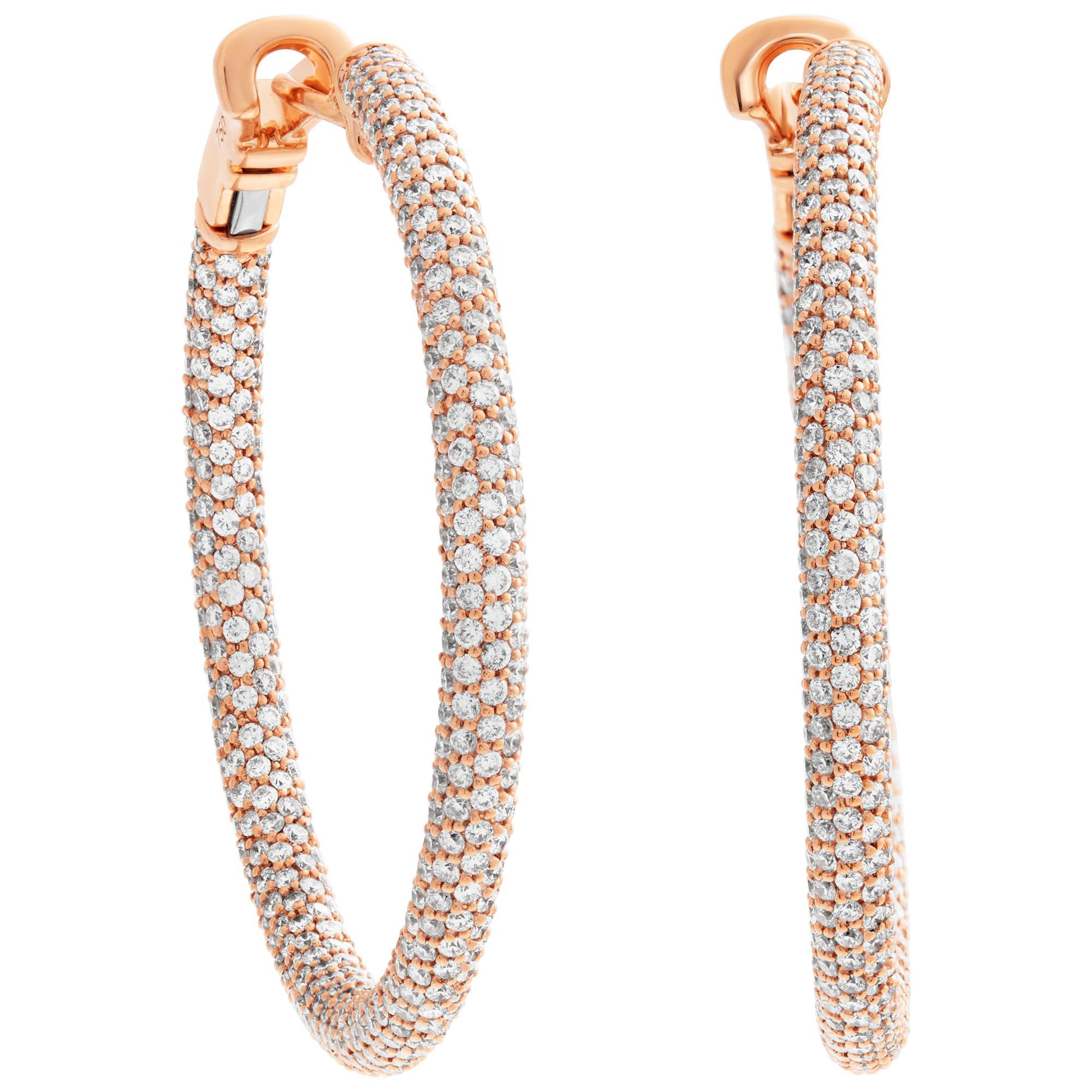 18k rose gold pave diamond hoop earrings with 6.90 carats in round brilliant G-H color, VS-SI clarity diamonds, hangs 1.6 inches, 3mm thick.