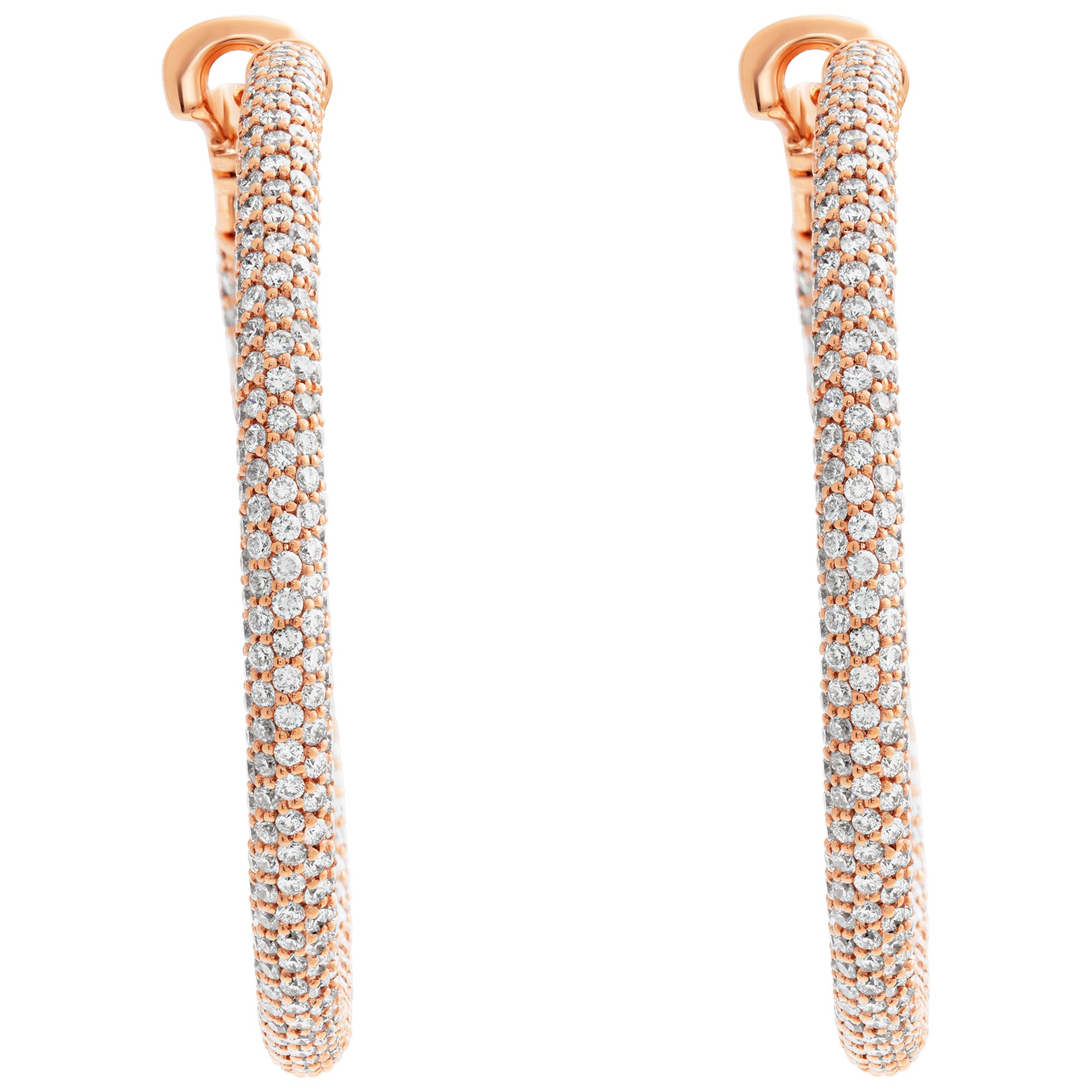 18k Rose Gold Pave Hoop Earrings with 6.90 Carats in Round Brilliant Cut Diamond
