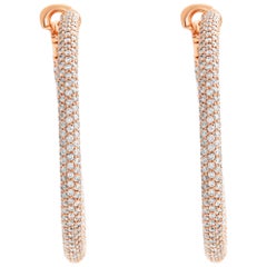 18k Rose Gold Pave Hoop Earrings with 6.90 Carats in Round Brilliant Cut Diamond