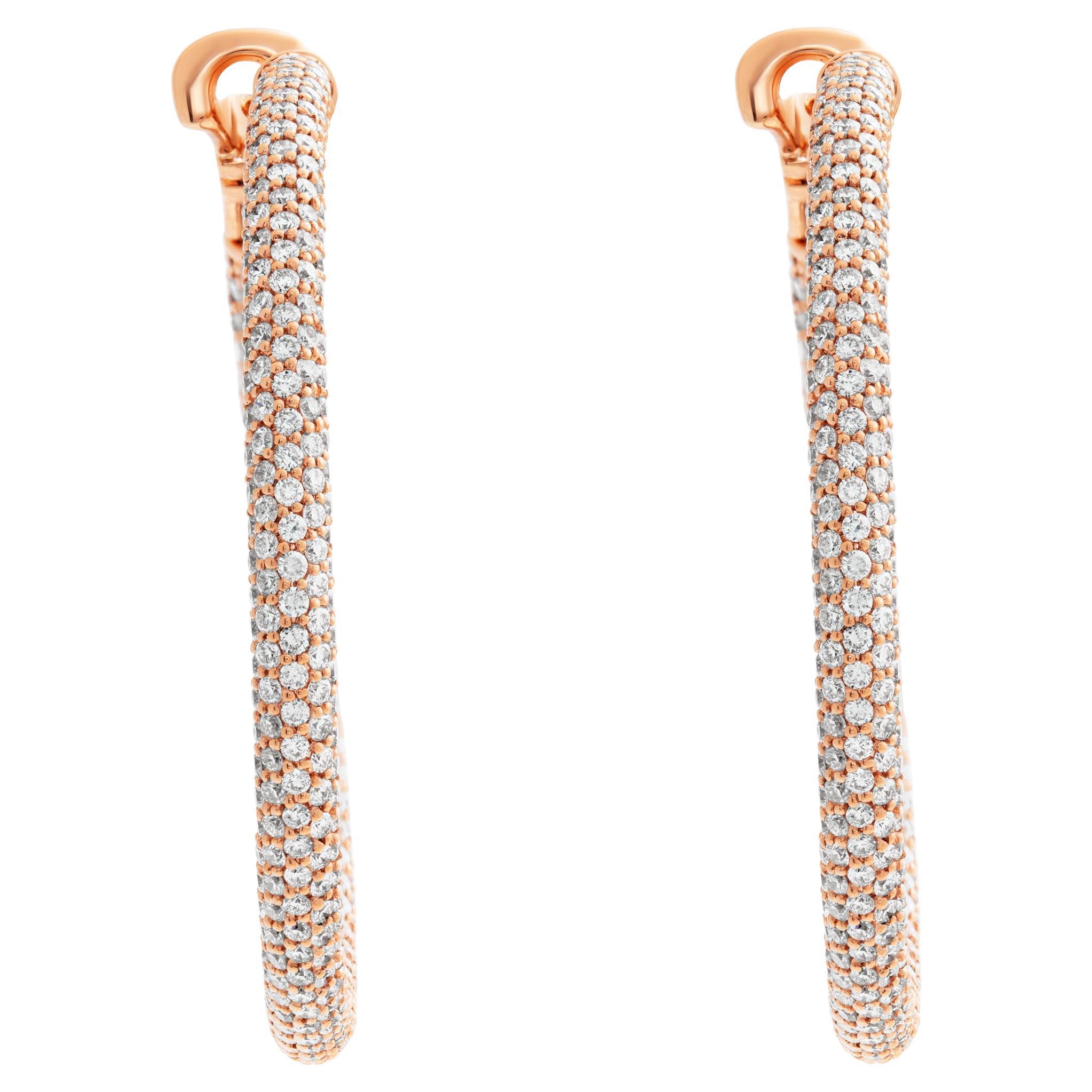 18k rose gold pave hoop earrings with 6.90 carats in round brilliant cut diamond For Sale