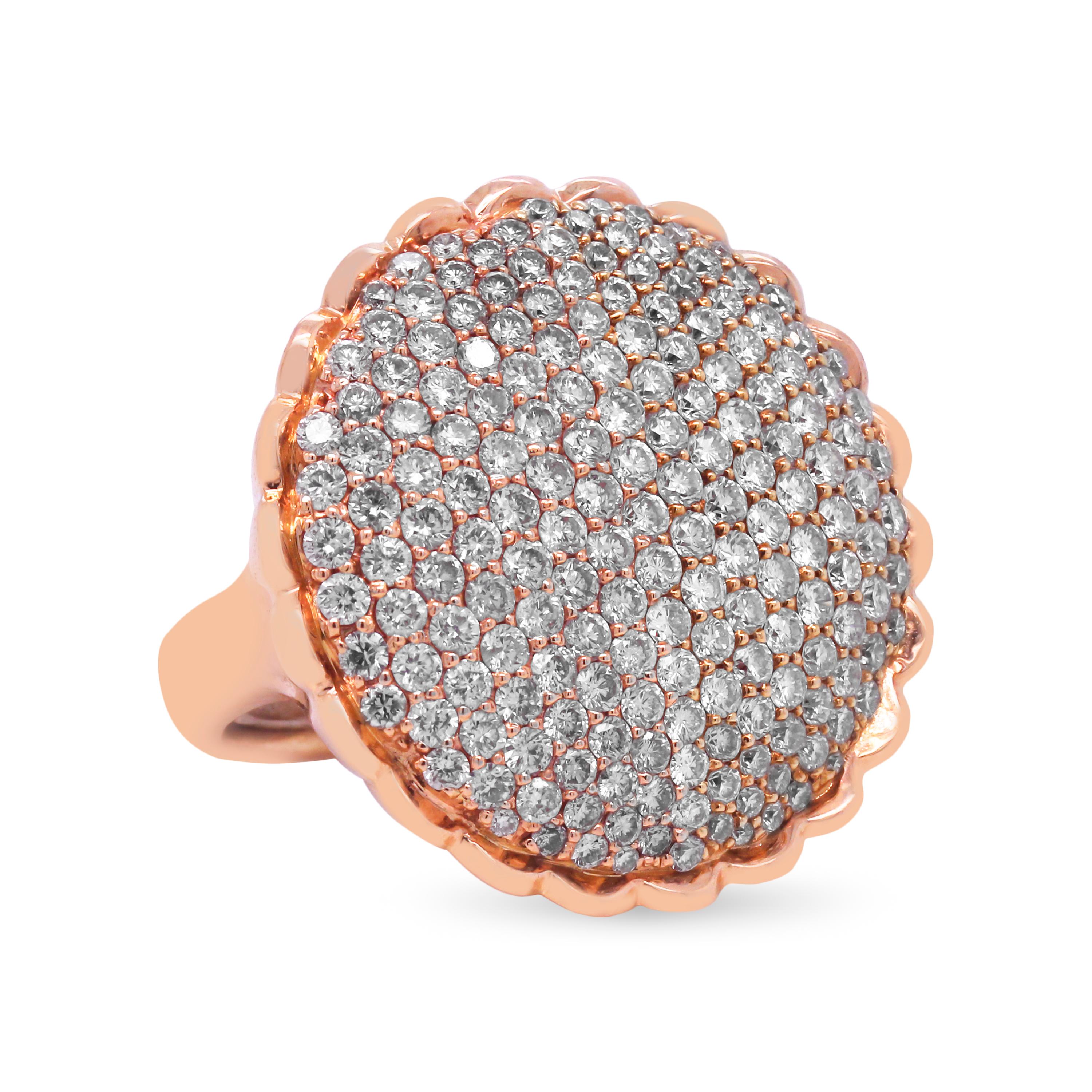 Round Cut 18 Karat Rose Gold Pavé Set Diamonds Italian Design Circle Face Fashion Ring For Sale