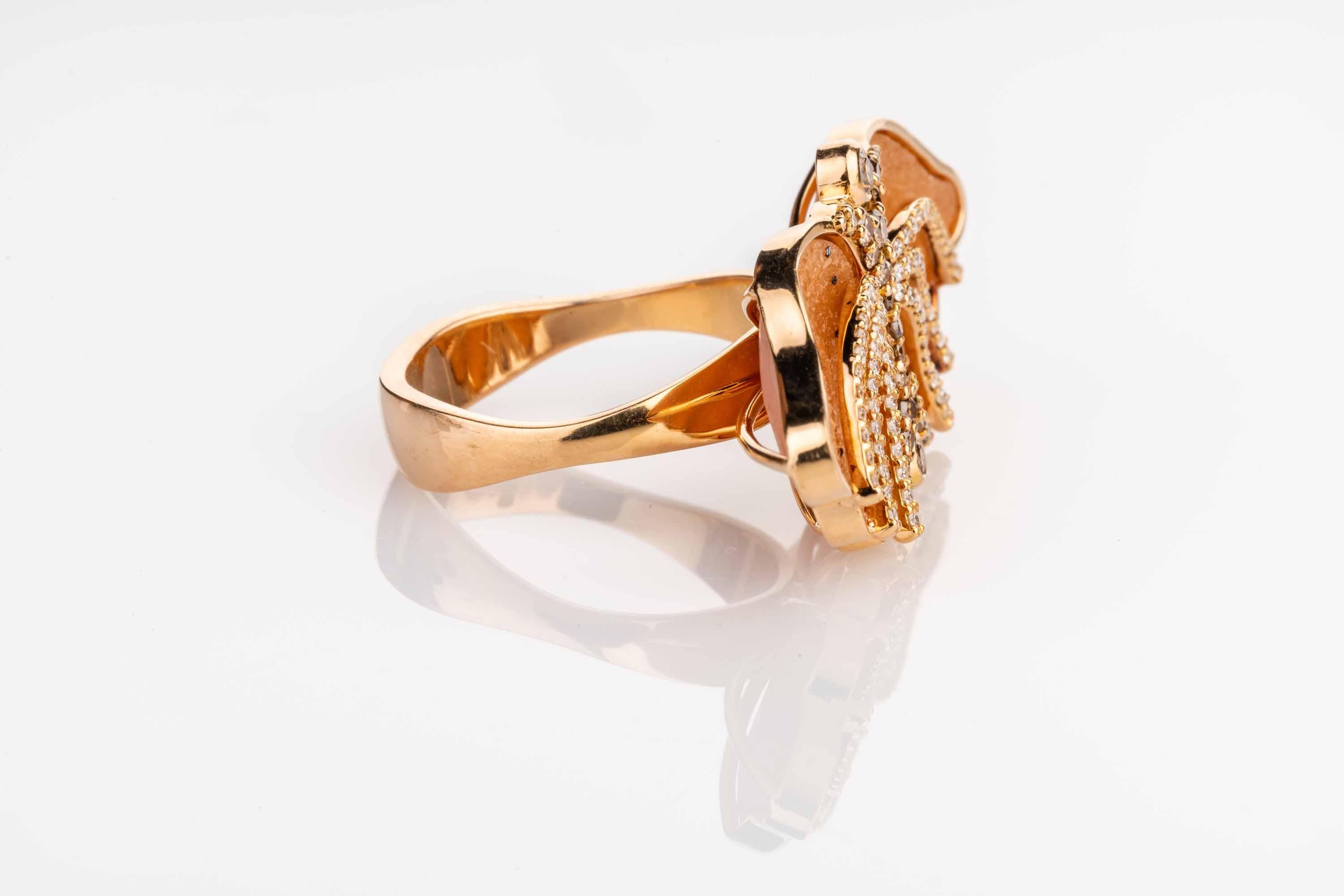 Art Nouveau 18 Karat Rose Gold Peach Druzy Ring with Cognac and White Diamonds