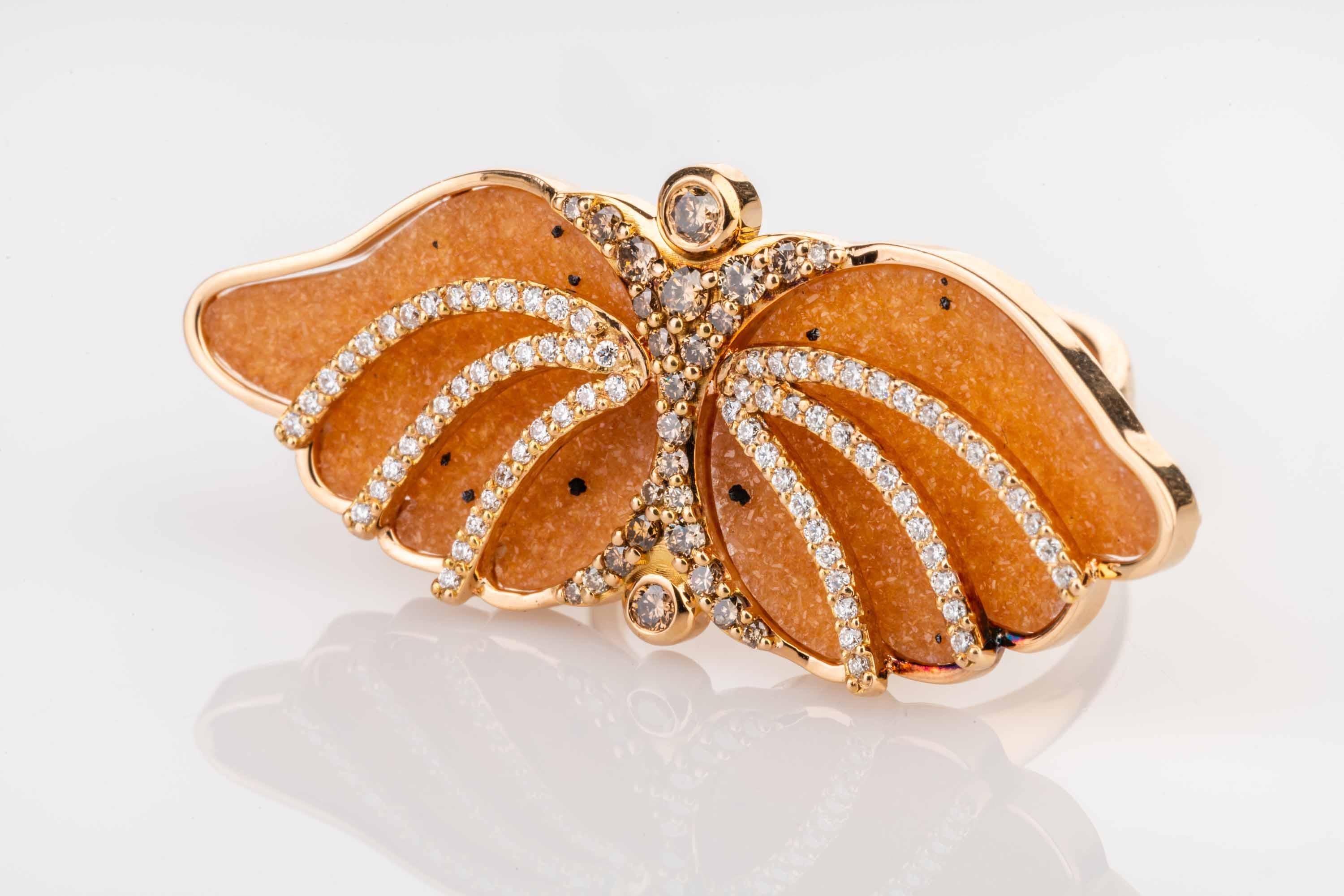 18 Karat Rose Gold Peach Druzy Ring with Cognac and White Diamonds In New Condition In Greenville, SC