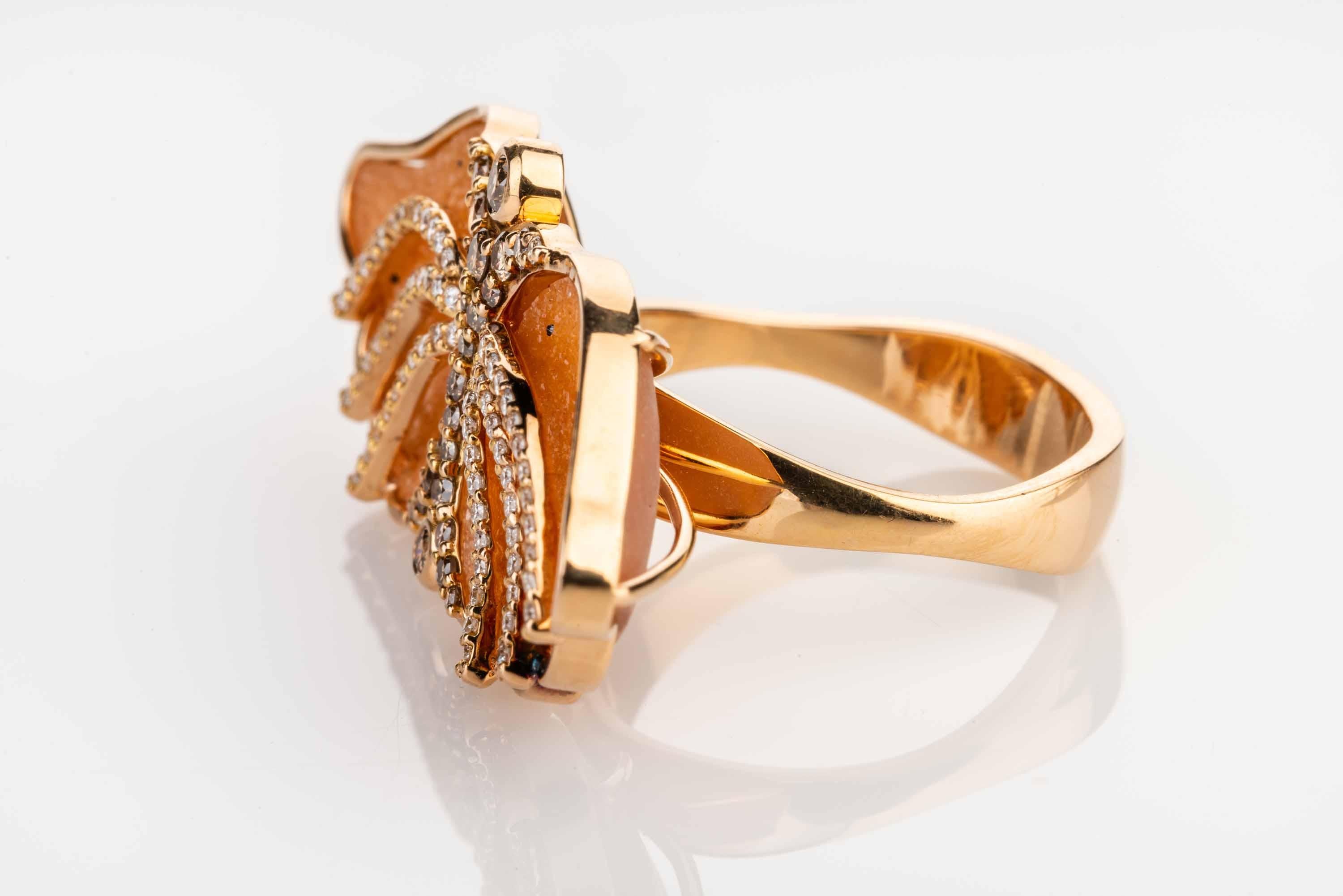 Women's 18 Karat Rose Gold Peach Druzy Ring with Cognac and White Diamonds