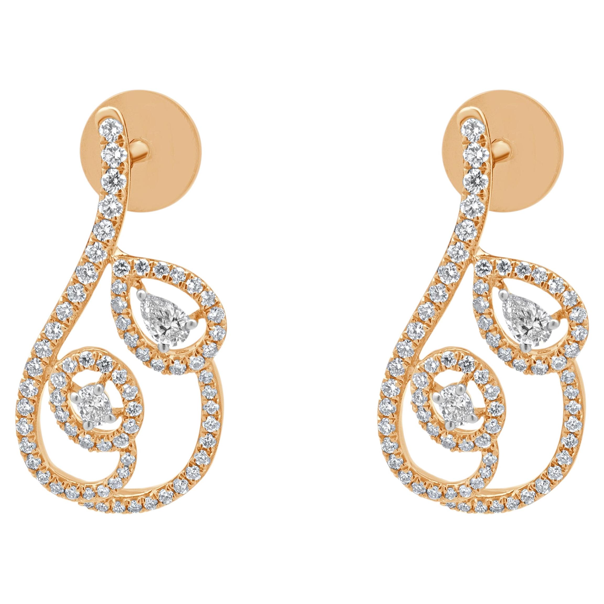 18K Rose Gold Pear, Oval, and Round Cut Diamond Swirl Earrings