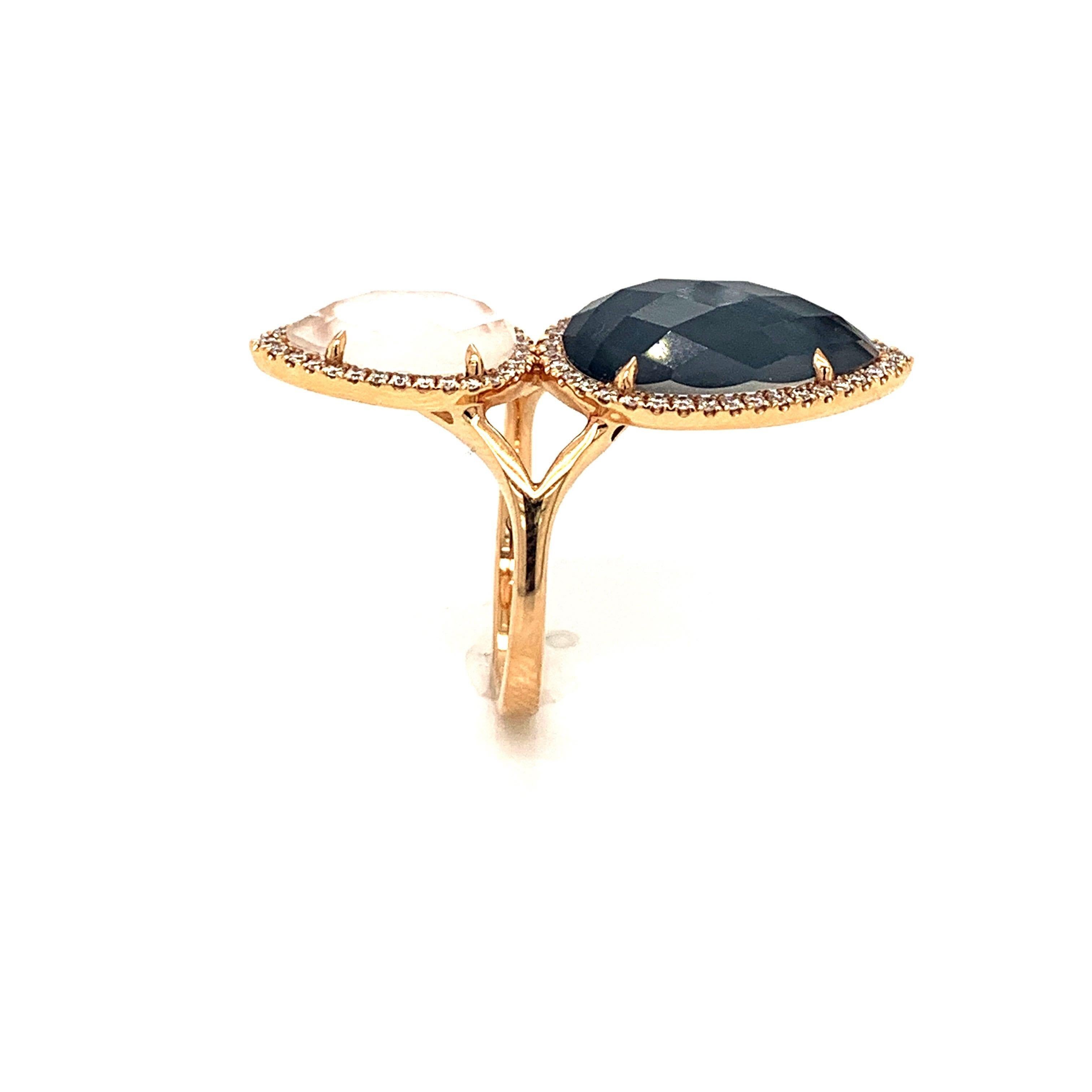 Contemporary 18 Karat Gold Pear Shape Ring with Hematite, Mother of Pearl, Topaz and Diamonds For Sale