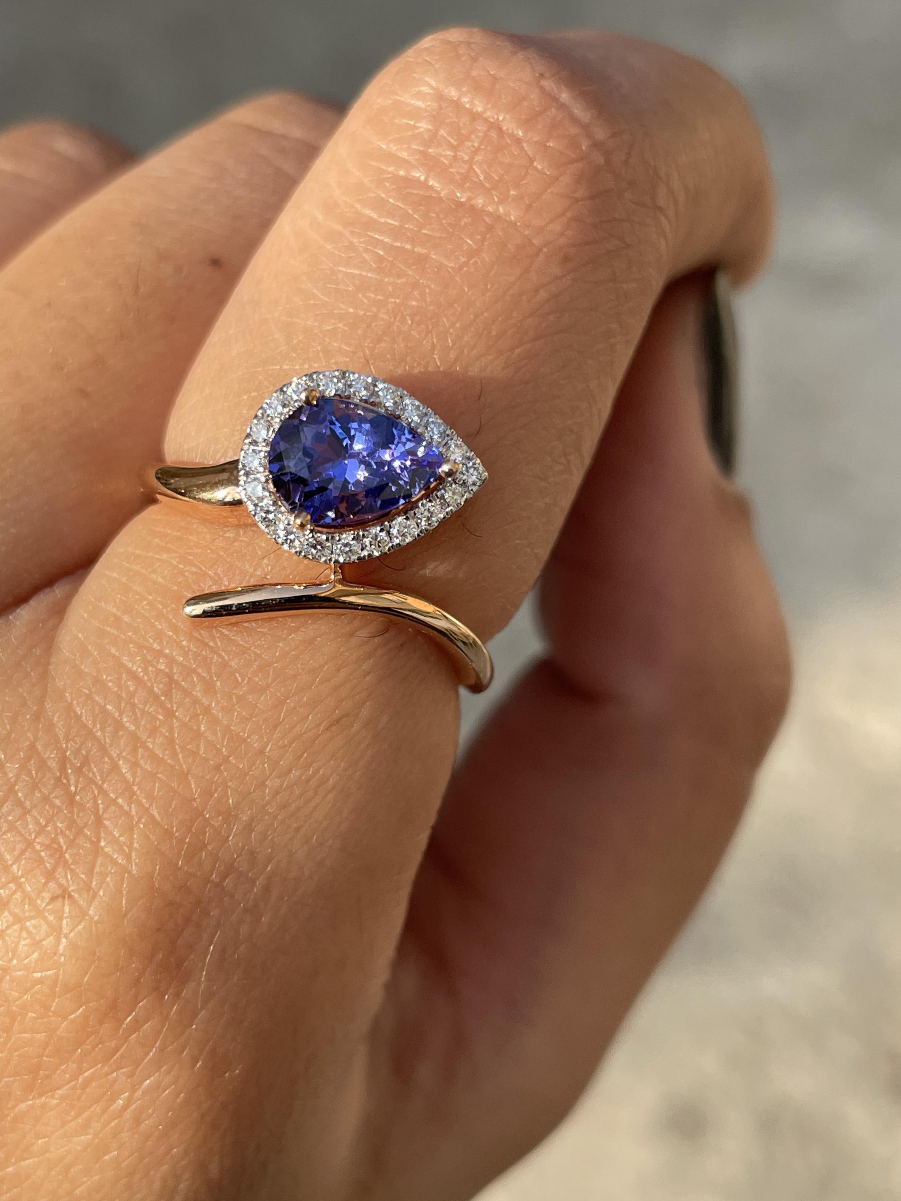 For Sale:  18K Rose Gold Pear Shape Tanzanite and Diamond Ring 9