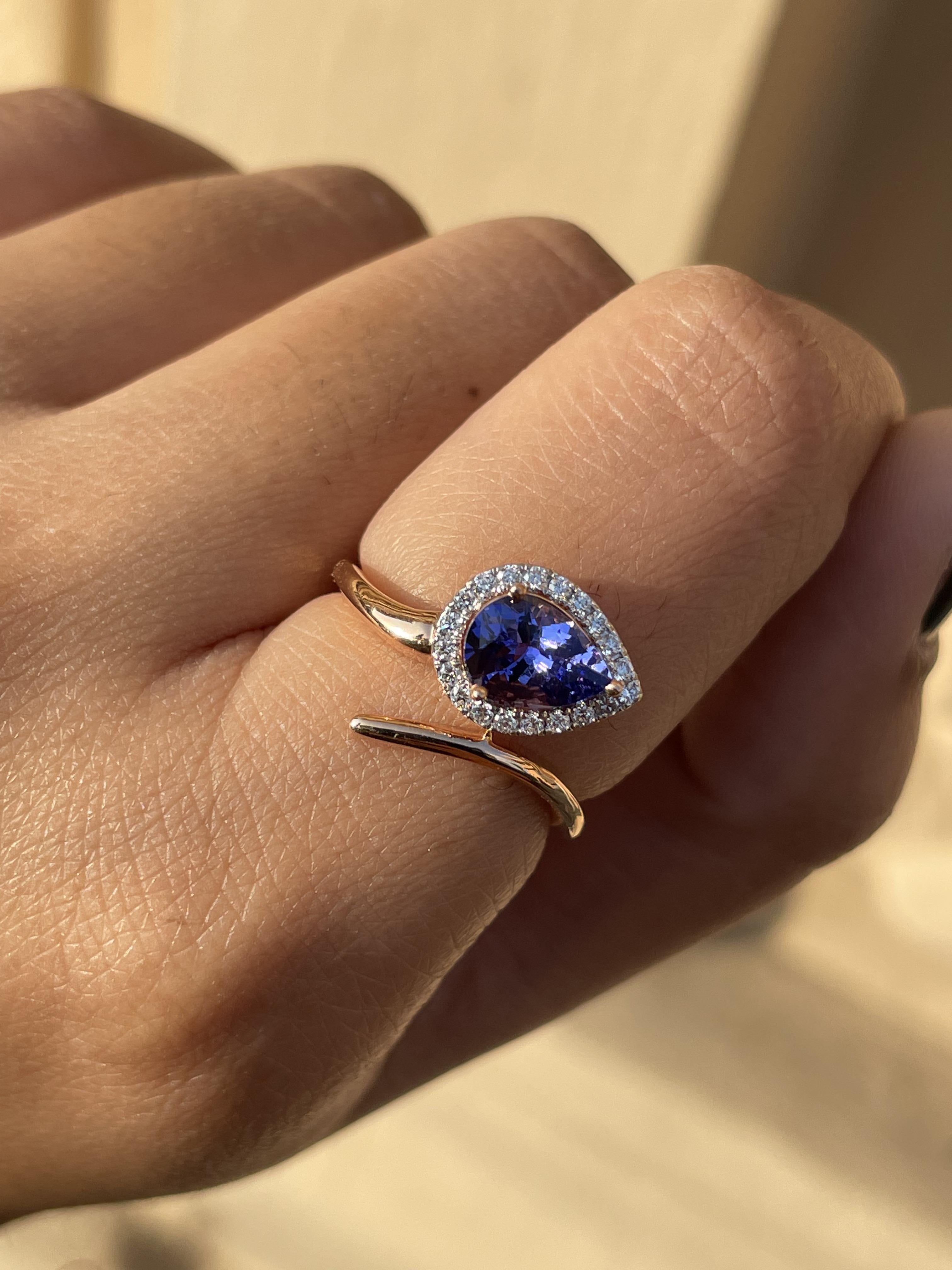 For Sale:  18K Rose Gold Pear Shape Tanzanite and Diamond Ring 10