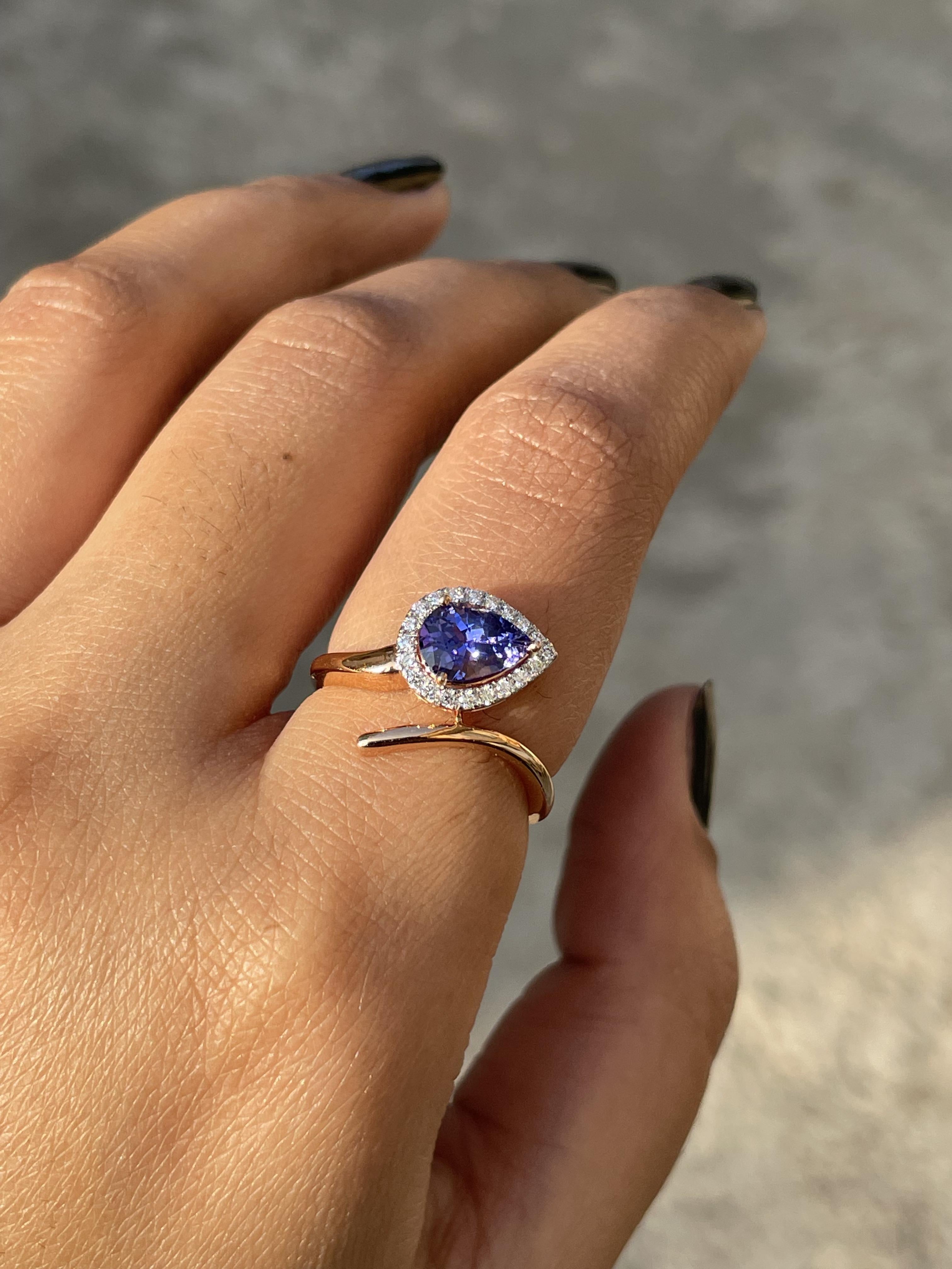 For Sale:  18K Rose Gold Pear Shape Tanzanite and Diamond Ring 5
