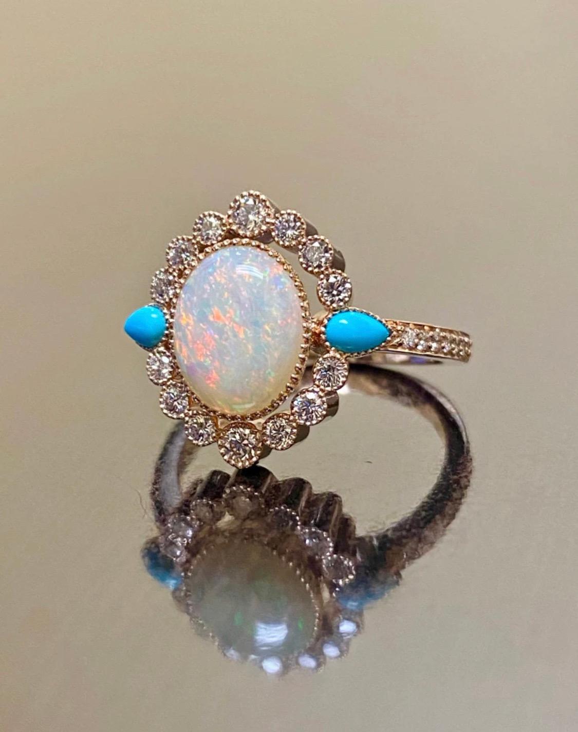 Art Deco 18K Rose Gold Pear Shape Turquoise Diamond Oval Australian Opal Engagement Ring For Sale
