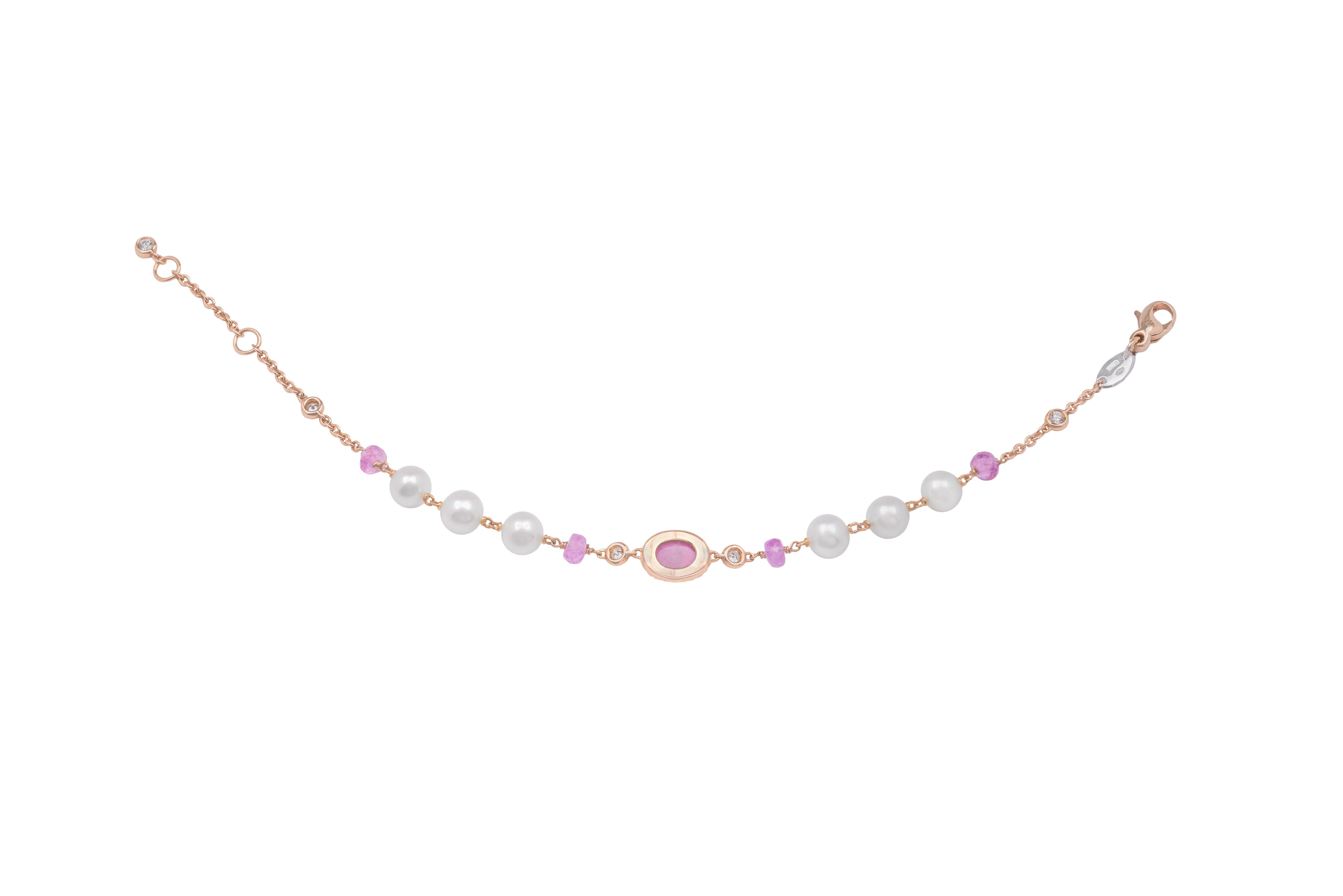 Contemporary 18k Rose Gold, Pearls, 3.70ct Pink Sapphiers and Diamonds Bracelet 
