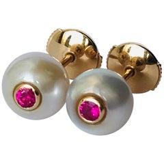 18K Rose Gold, Pearls and Rubies pair of Stud Earrings by Frederique Berman 18K Rose Gold, Pearls and Rubies pair of Stud Earrings by Frederique Berman
