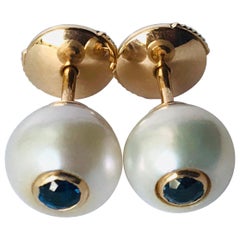 18K Rose Gold, Pearls and Sapphires Pair of Stud Earrings by Frederique Berman 18K Rose Gold, Pearls and Sapphires Pair of Stud Earrings by Frederique Berman