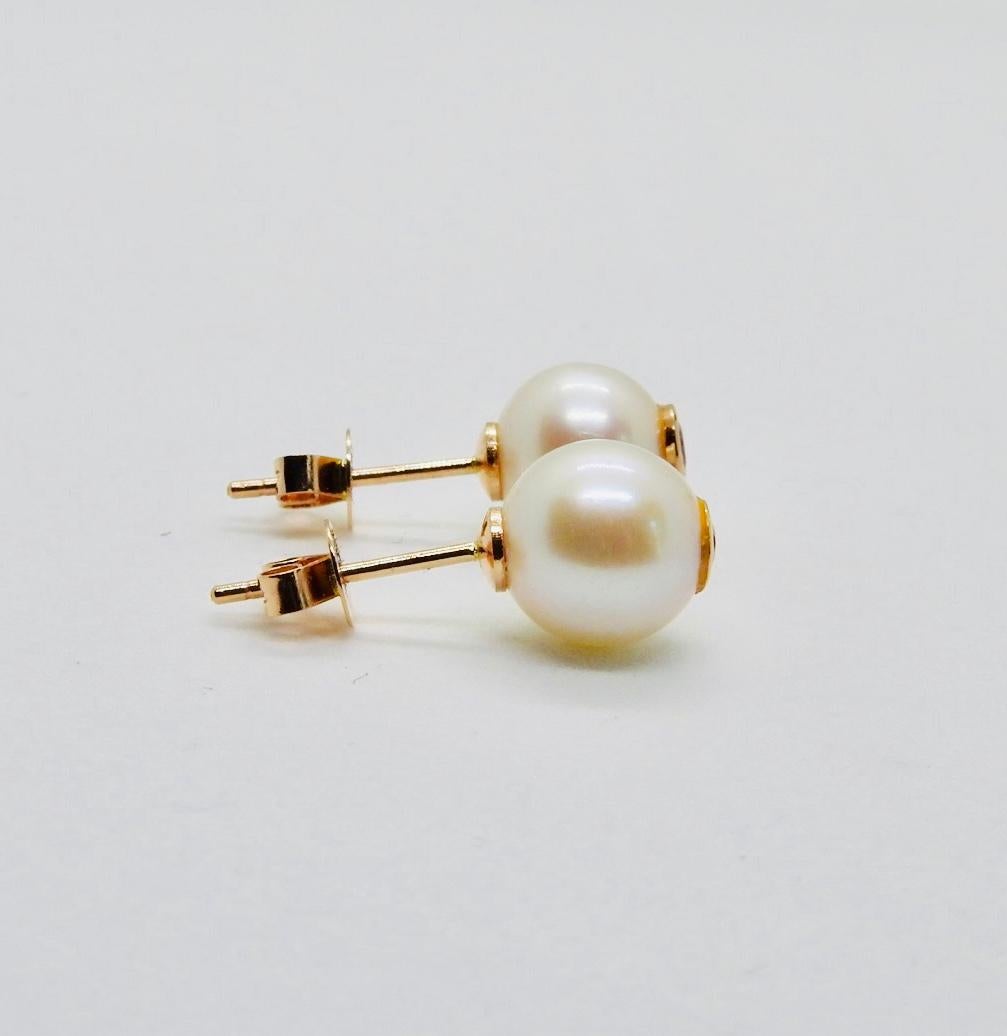 Round Cut 18 Karat Rose Gold, Pearls and White Diamonds Pair of Earrings