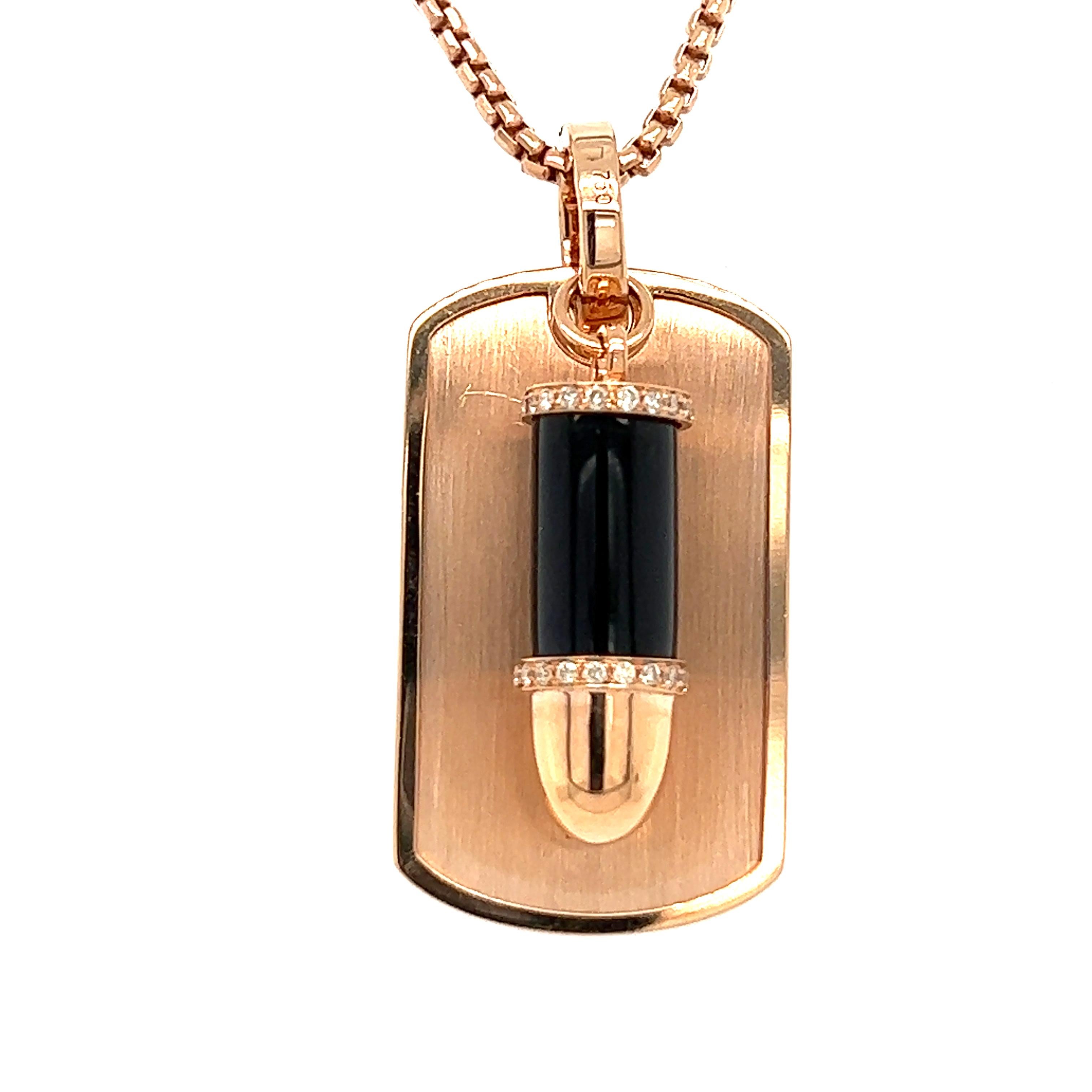 18K Rose Gold with Bullet - onyx, diamonds
no chain 

36 Diamonds - 0.20 CT
1 Onyx - 5.30 CT
18K Rose gold 9.03 GM 

only one piece! 
Onyx is a very powerful stone! 
Imparts self-confidence, helping you to be at ease in your surroundings. Onyx