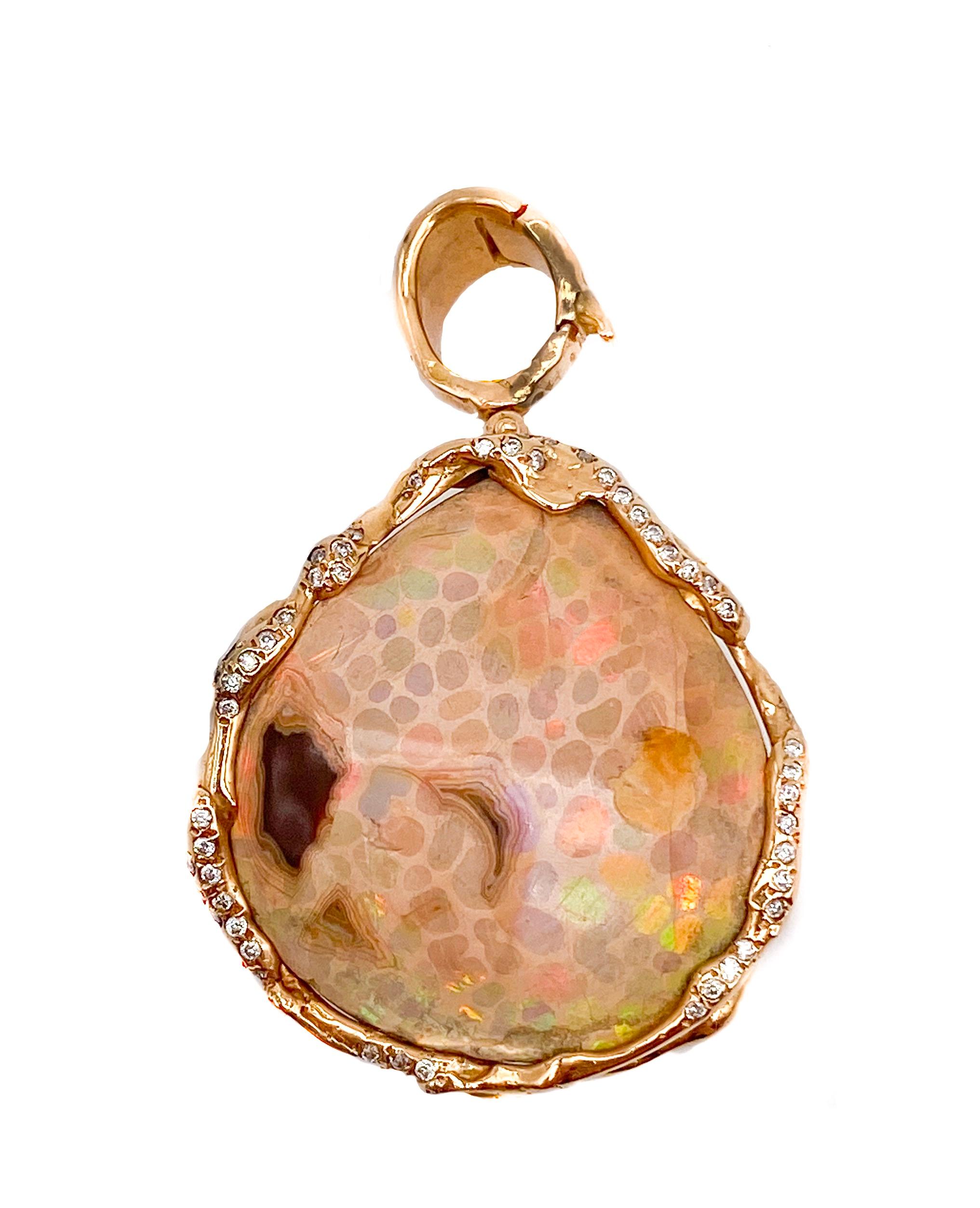 18K Rose Gold Pendant With  Ethiopian  Python Skin Opal Ct 49.00
( No Necklace ) And Diamonds Ct 0.25