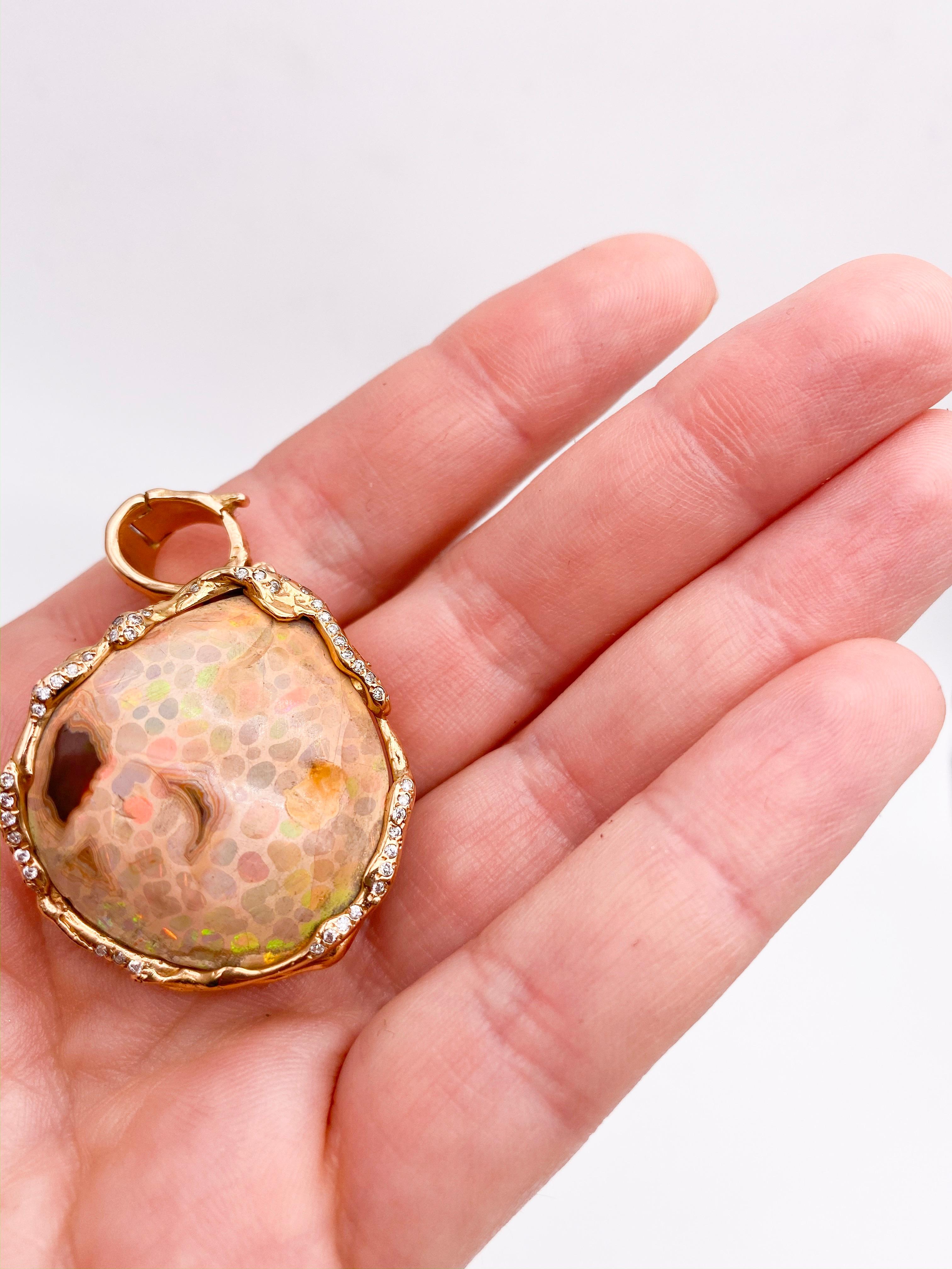 Women's or Men's 18 Karat Rose Gold Pendant with Ethiopian Opal and Diamonds For Sale