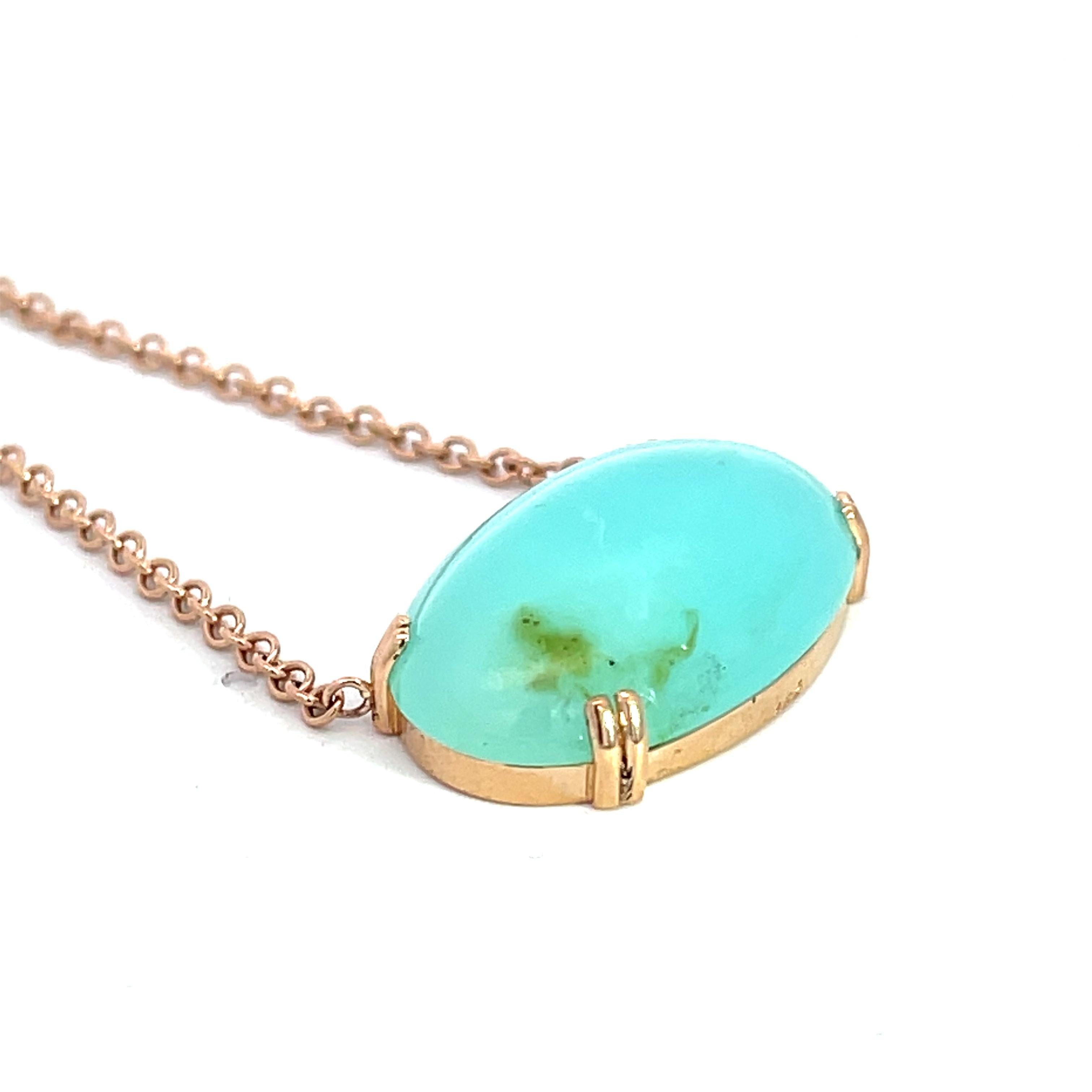 An 18k rose gold pendant featuring one oval cabochon Peruvian Opal, weighing 16.64 carats on a 2.0mm 14k rose gold cable chain. This necklace was designed and made by Sydney Strong.
