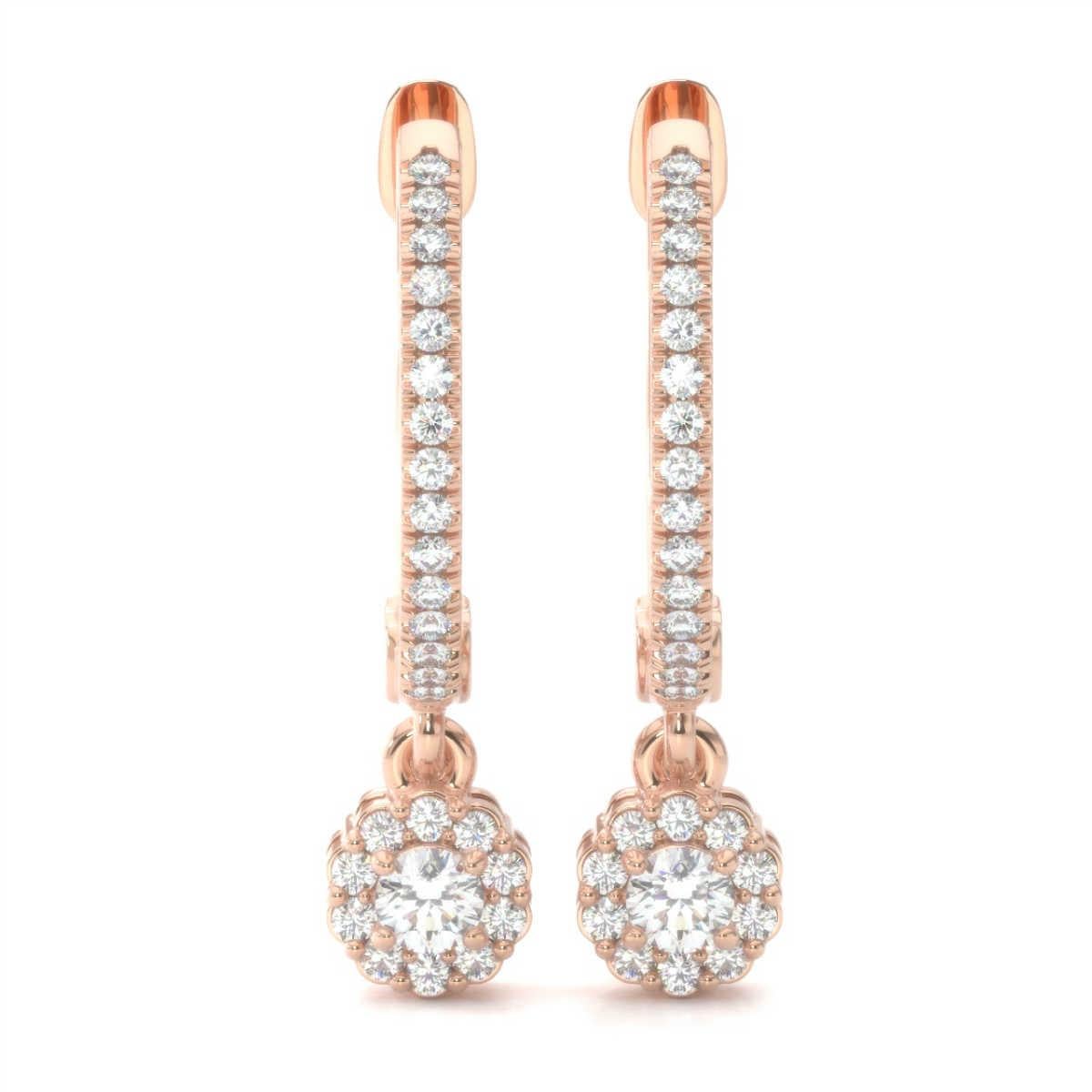 Round Cut 18 Karat Rose Gold Petite Dangling Halo Diamond Earrings '1/3 Carat' For Sale