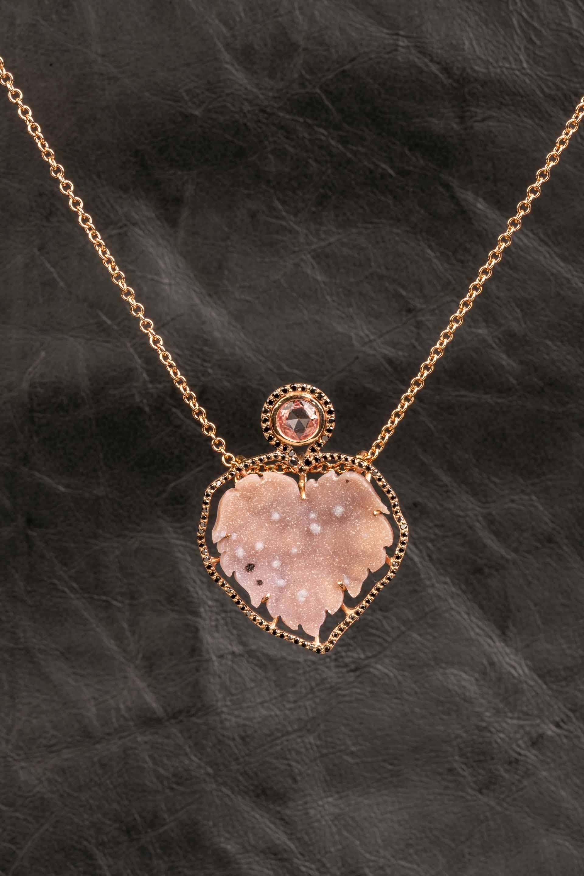 Contemporary 18 Karat Gold Pink Druzy Necklace with a Black Diamond Halo and a Pink Sapphire