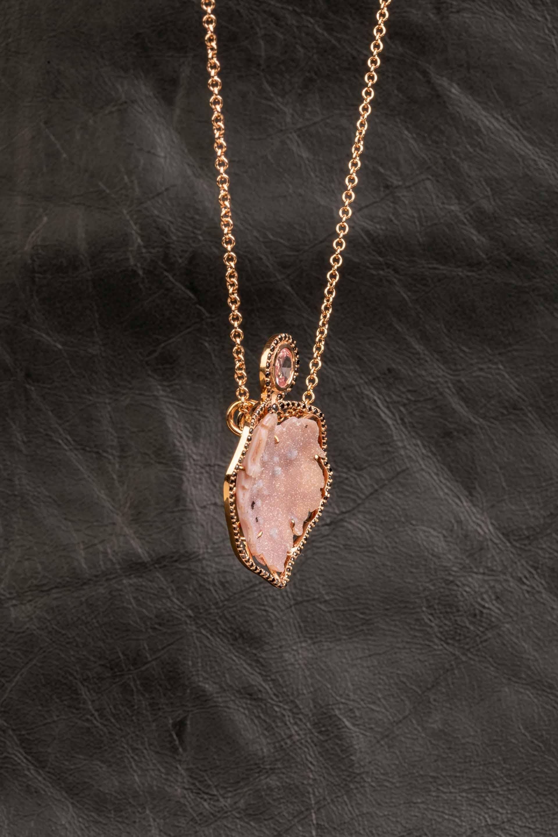 Rose Cut 18 Karat Gold Pink Druzy Necklace with a Black Diamond Halo and a Pink Sapphire