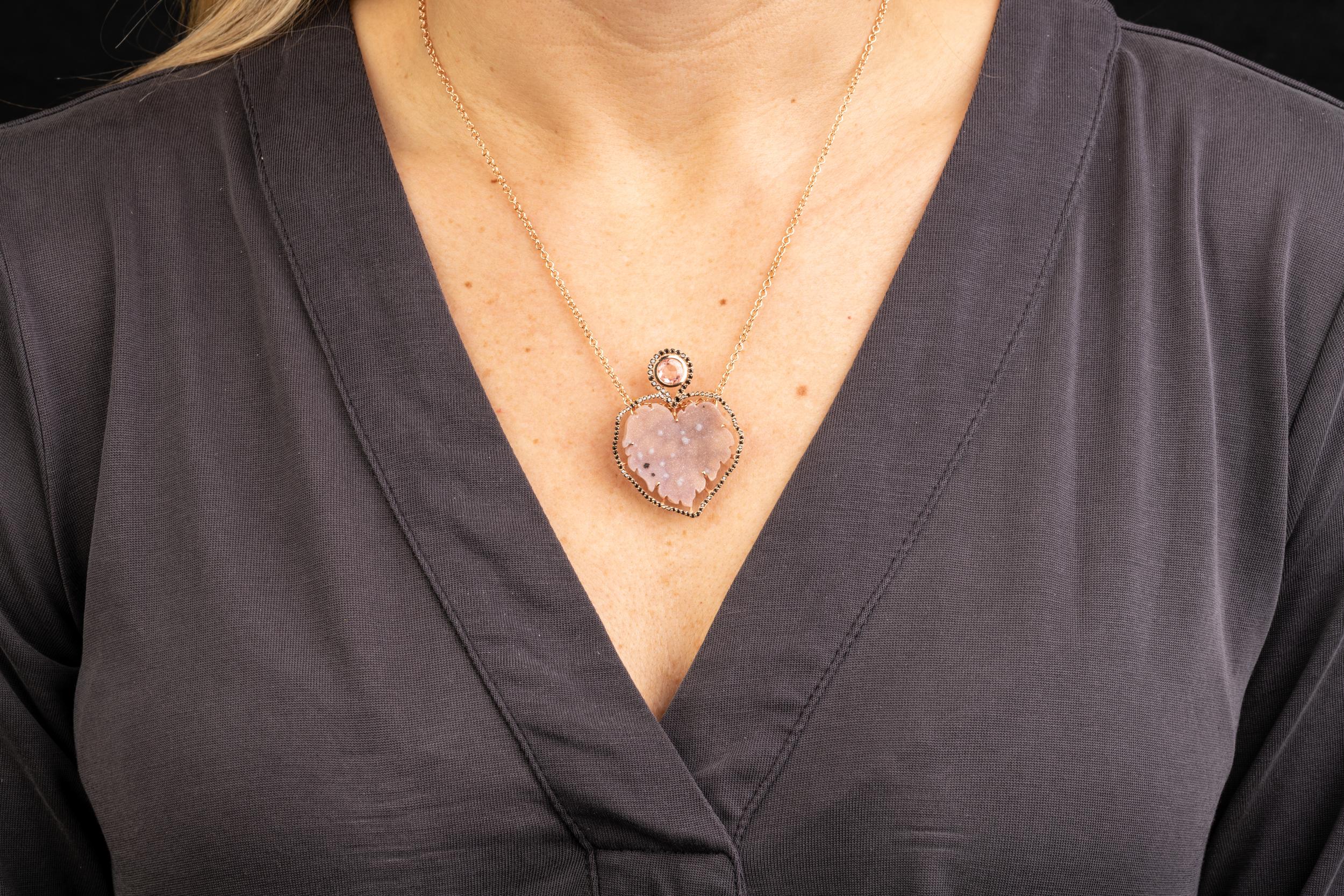18 Karat Gold Pink Druzy Necklace with a Black Diamond Halo and a Pink Sapphire In New Condition In Greenville, SC