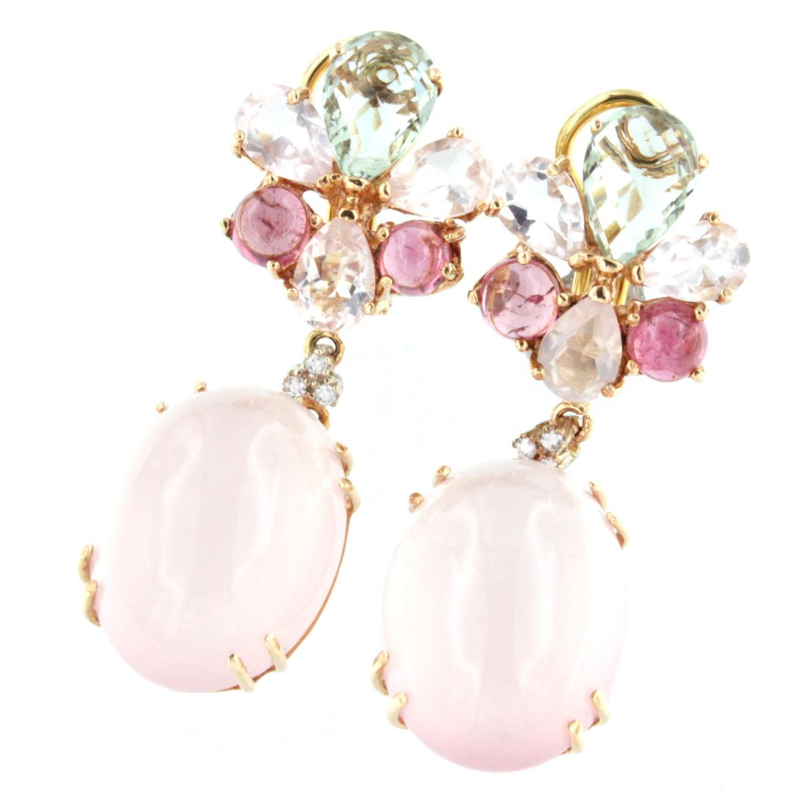 Oval Cut 18k Rose Gold Pink Quartz Pink Tourmaline Prasiolite White Diamonds Earrings
