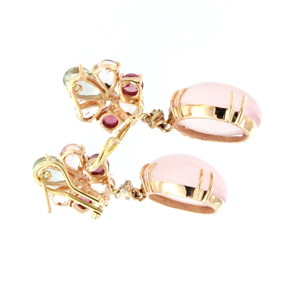 18k Rose Gold Pink Quartz Pink Tourmaline Prasiolite White Diamonds Earrings In New Condition In GALLARATE, IT