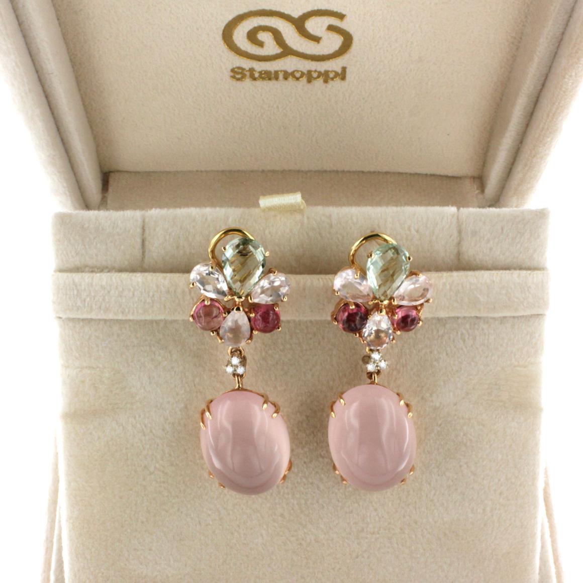 Women's or Men's 18k Rose Gold Pink Quartz Pink Tourmaline Prasiolite White Diamonds Earrings