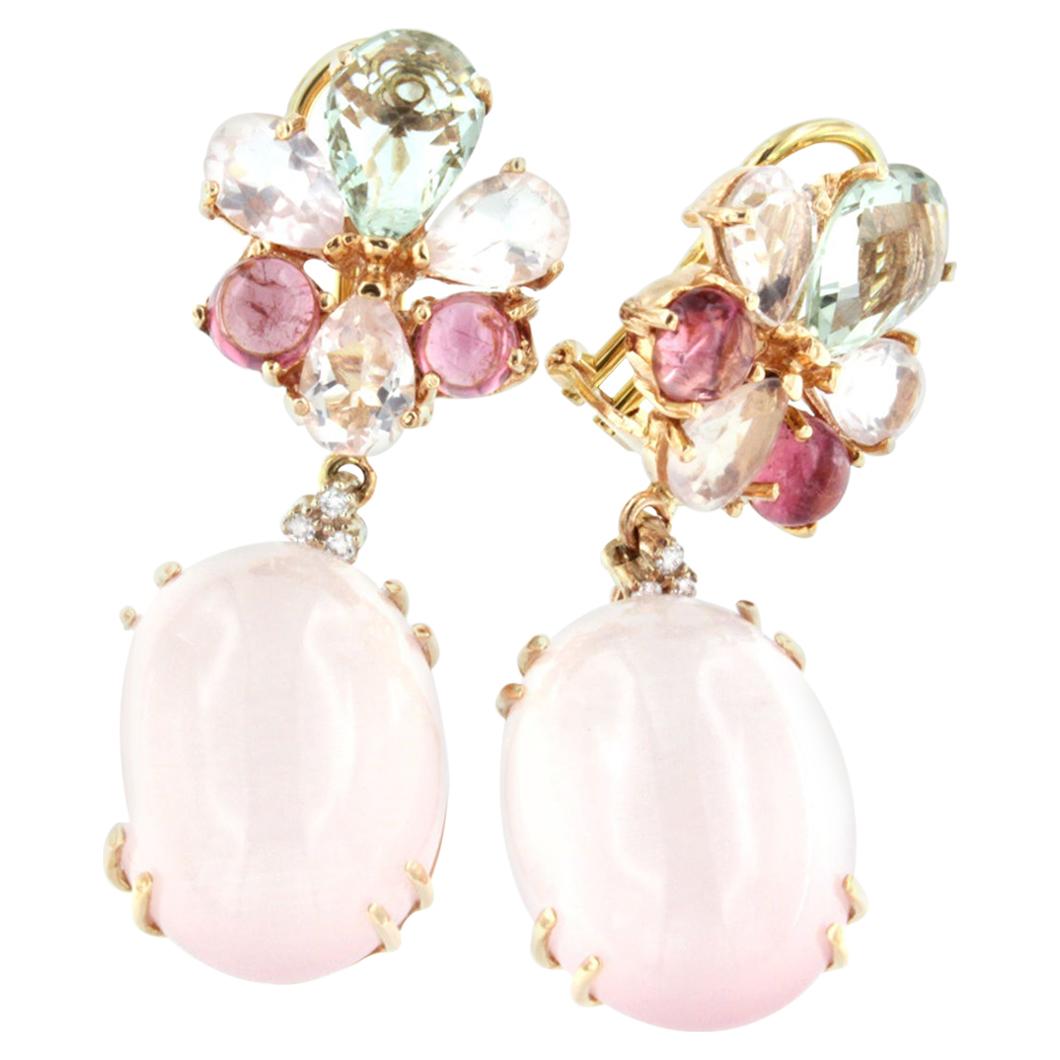 18k Rose Gold Pink Quartz Pink Tourmaline Prasiolite White Diamonds Earrings
