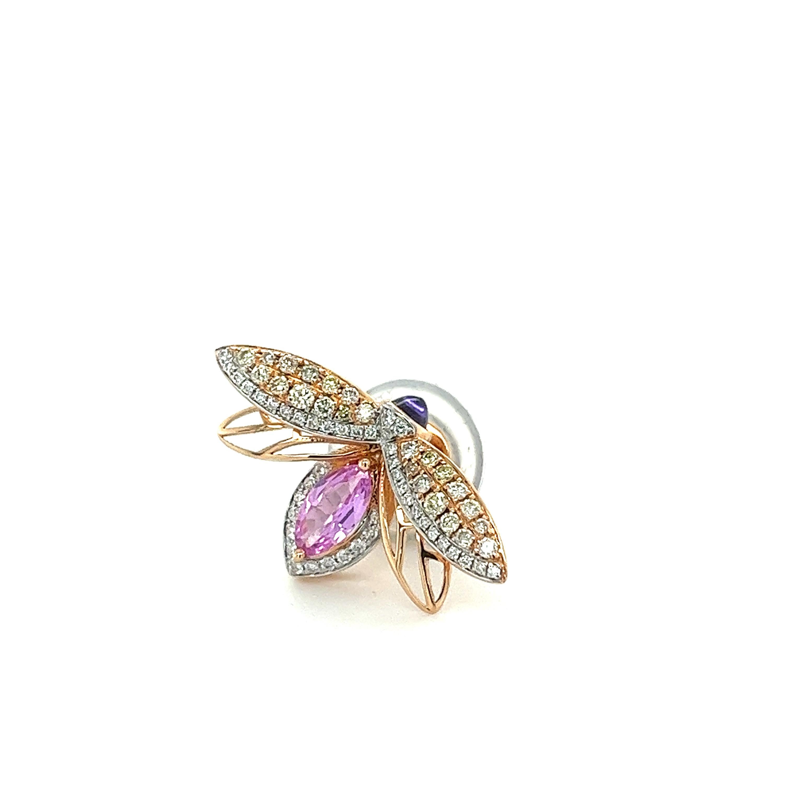 18K Rose Gold Pink Sapphire Diamonds Bee Brooch

42 Diamonds 0.16 CT
24 Fancy Diamonds 0.25 CT
1 Pink Sapphire  0.55 CT
1 Purple Sapphire 0.21 CT
18K Rose Gold 2.56  GM

Sapphire’s are celestial stones. They entice with their sparkling color, their