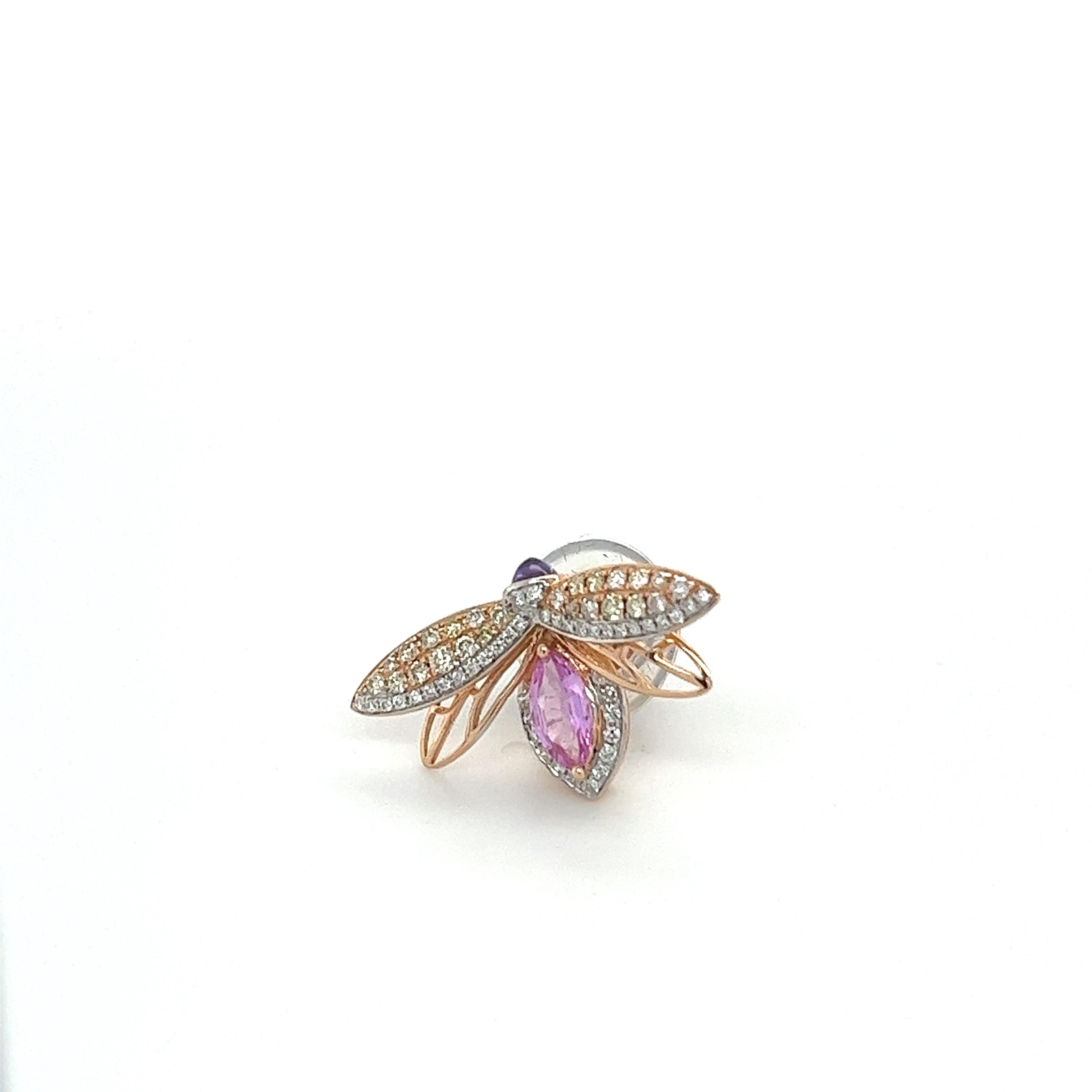 Round Cut 18K Rose Gold Pink Sapphire Diamond Bee Brooch For Sale