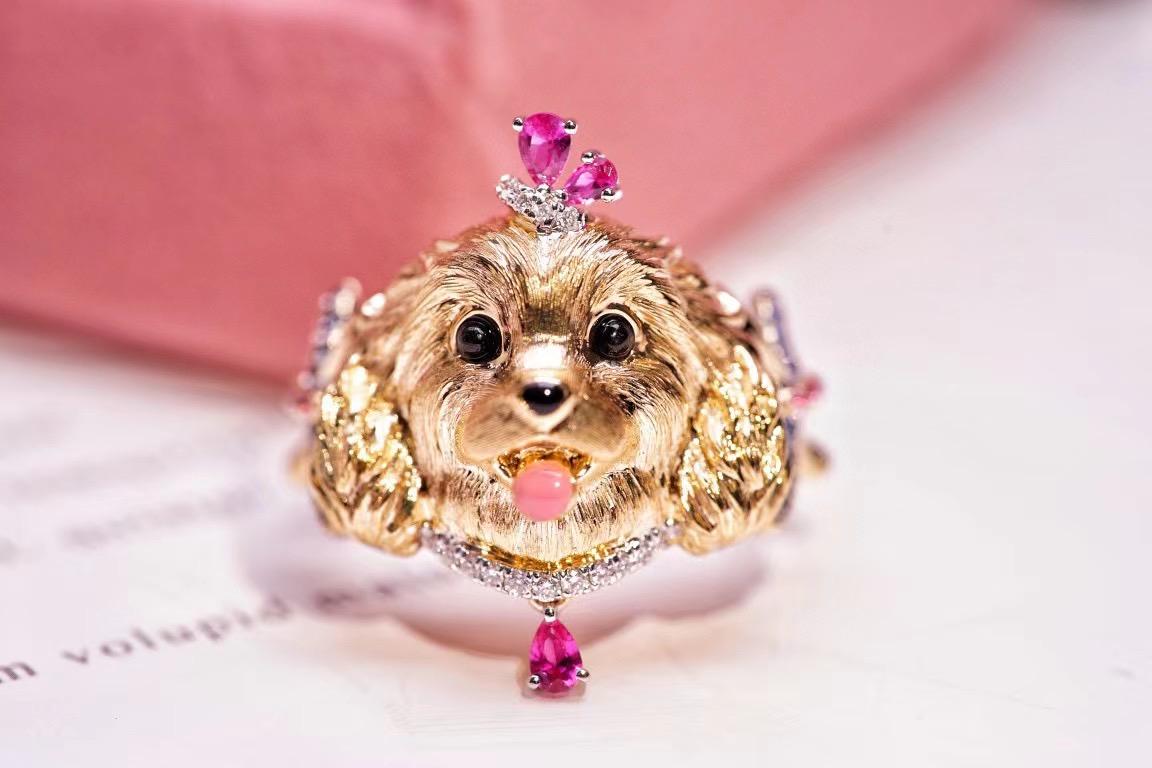 Pear Cut 18K Rose Gold Pink Sapphire & Diamond Dog Ring For Sale