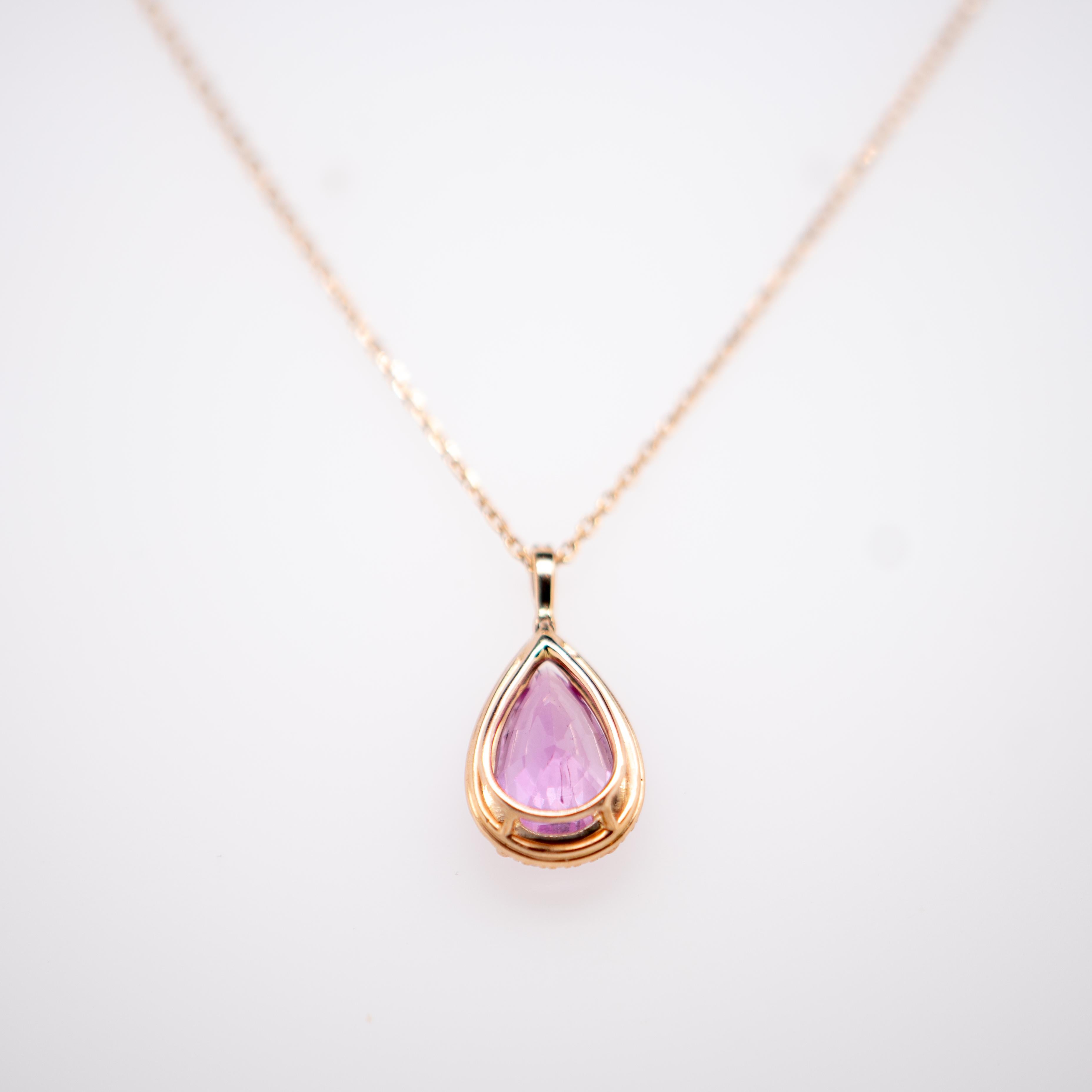 Pear Cut 18K Rose Gold, Pink Sapphire, Diamond Pendant For Sale