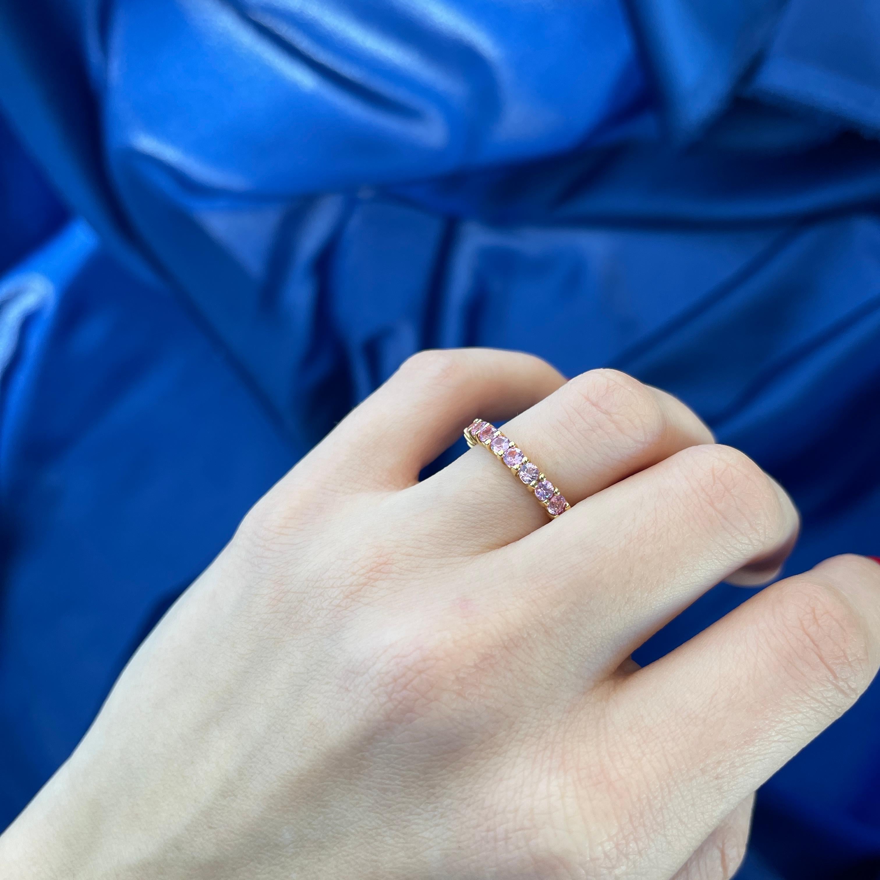 Women's or Men's 18K Rose Gold Pink Sapphire Eternity Band Ring For Sale