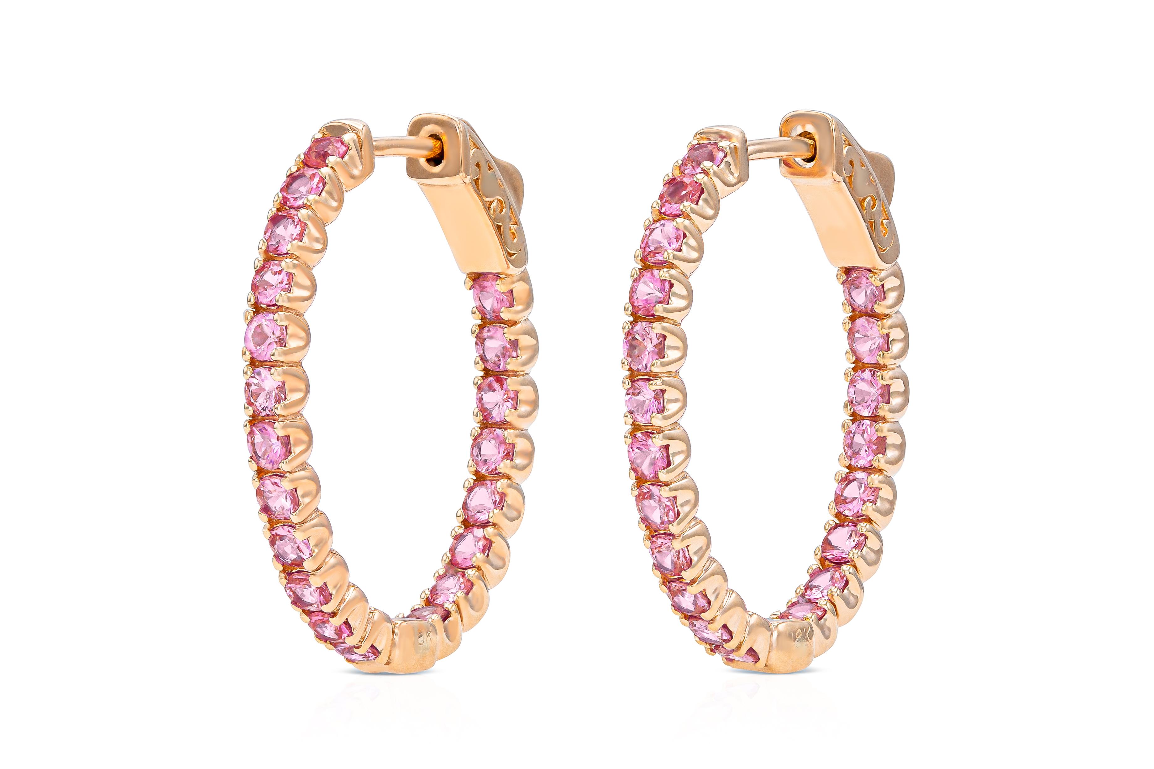 Modern 18K  Rose Gold Pink Sapphire Hoops TW. 3.19ct For Sale