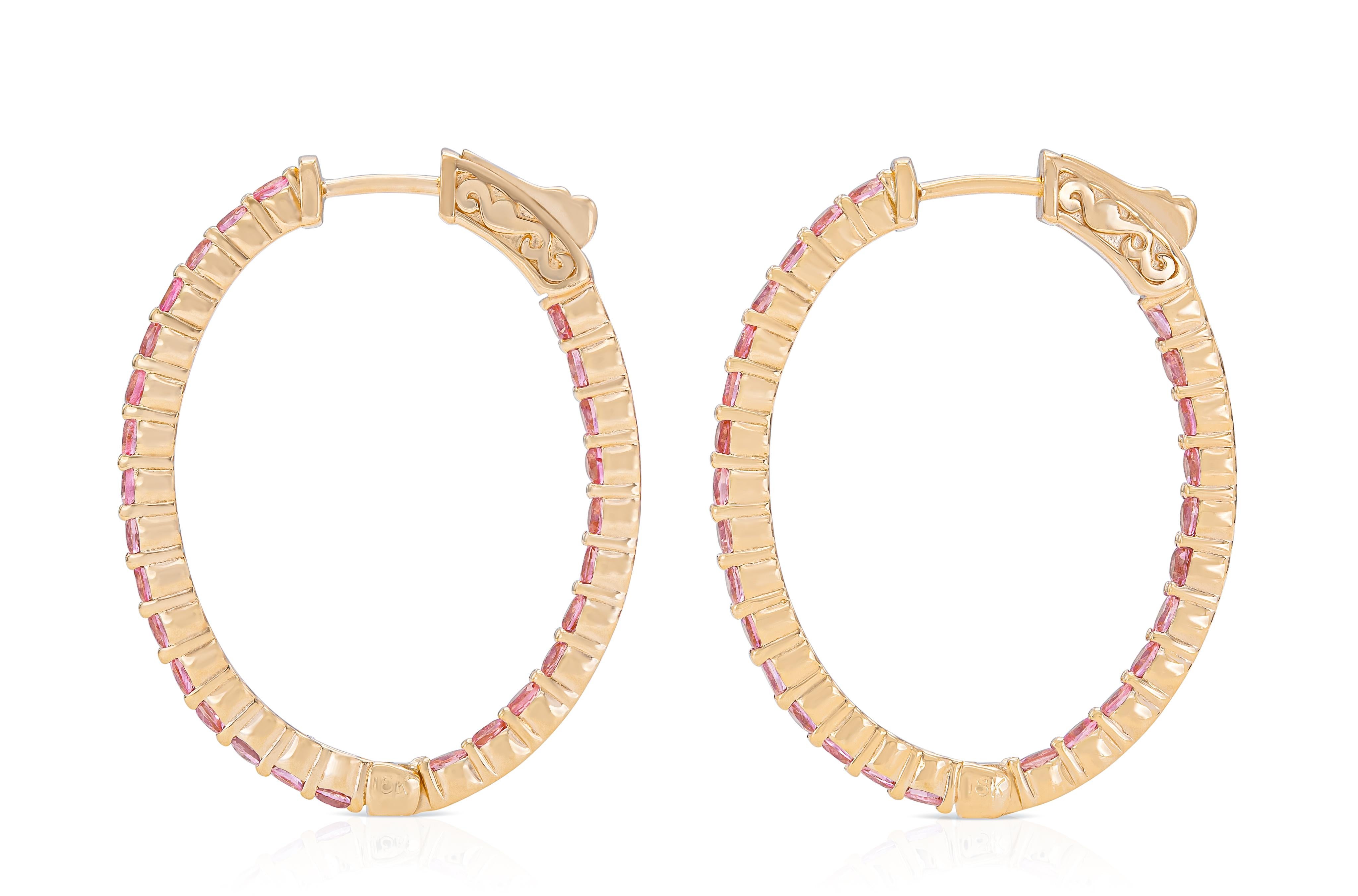 Round Cut 18K  Rose Gold Pink Sapphire Hoops TW. 3.19ct For Sale