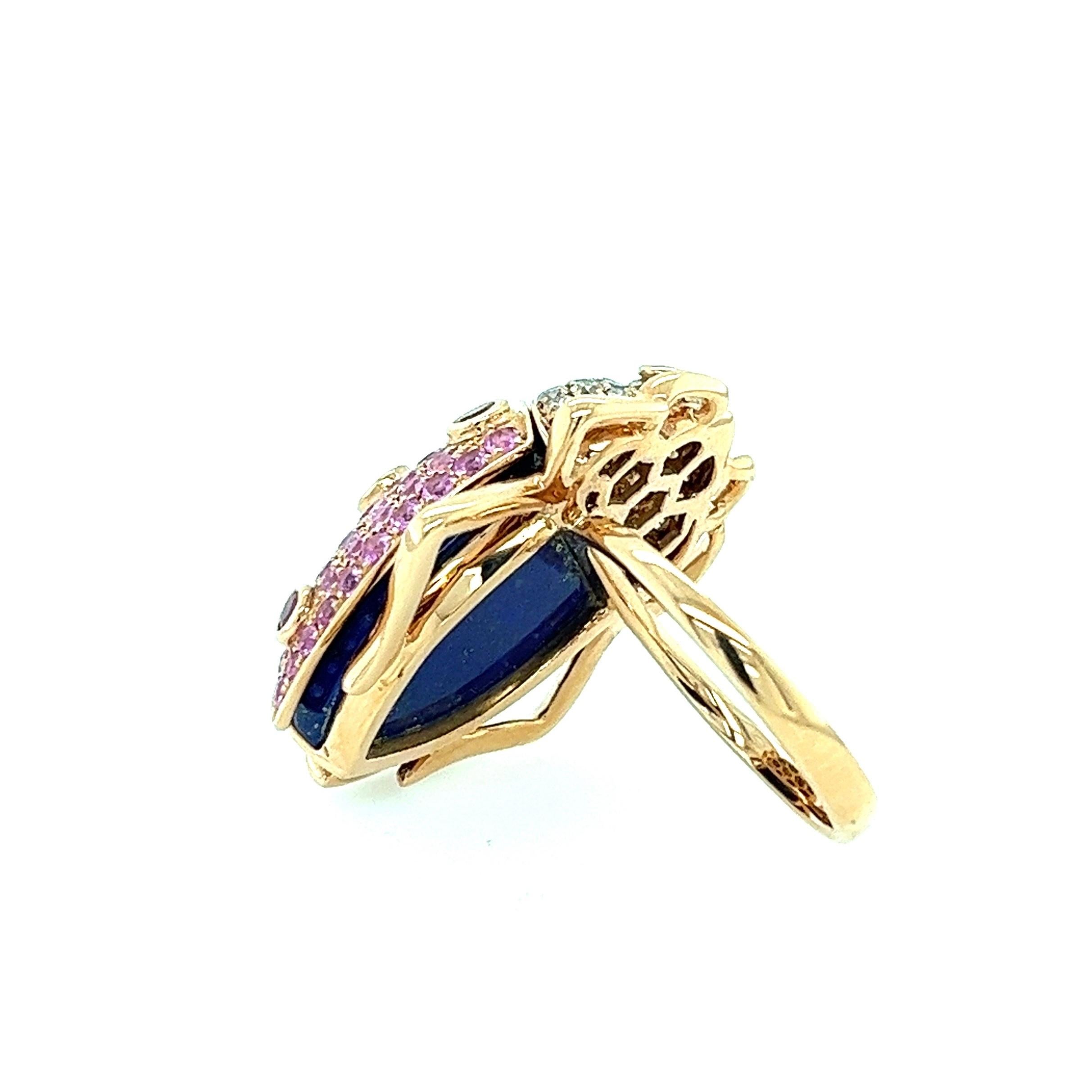Modern 18K Rose Gold Pink Sapphire Ladybug Ring with Diamonds  For Sale
