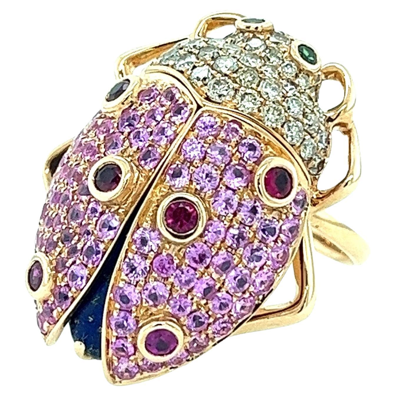18K Rose Gold Pink Sapphire Ladybug Ring with Diamonds  For Sale