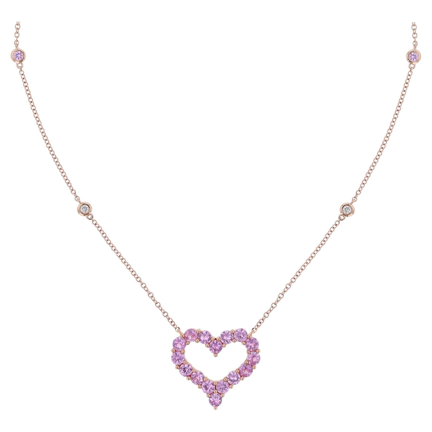 18K Rose Gold Pink Sapphire Open Heart Pendant Necklace