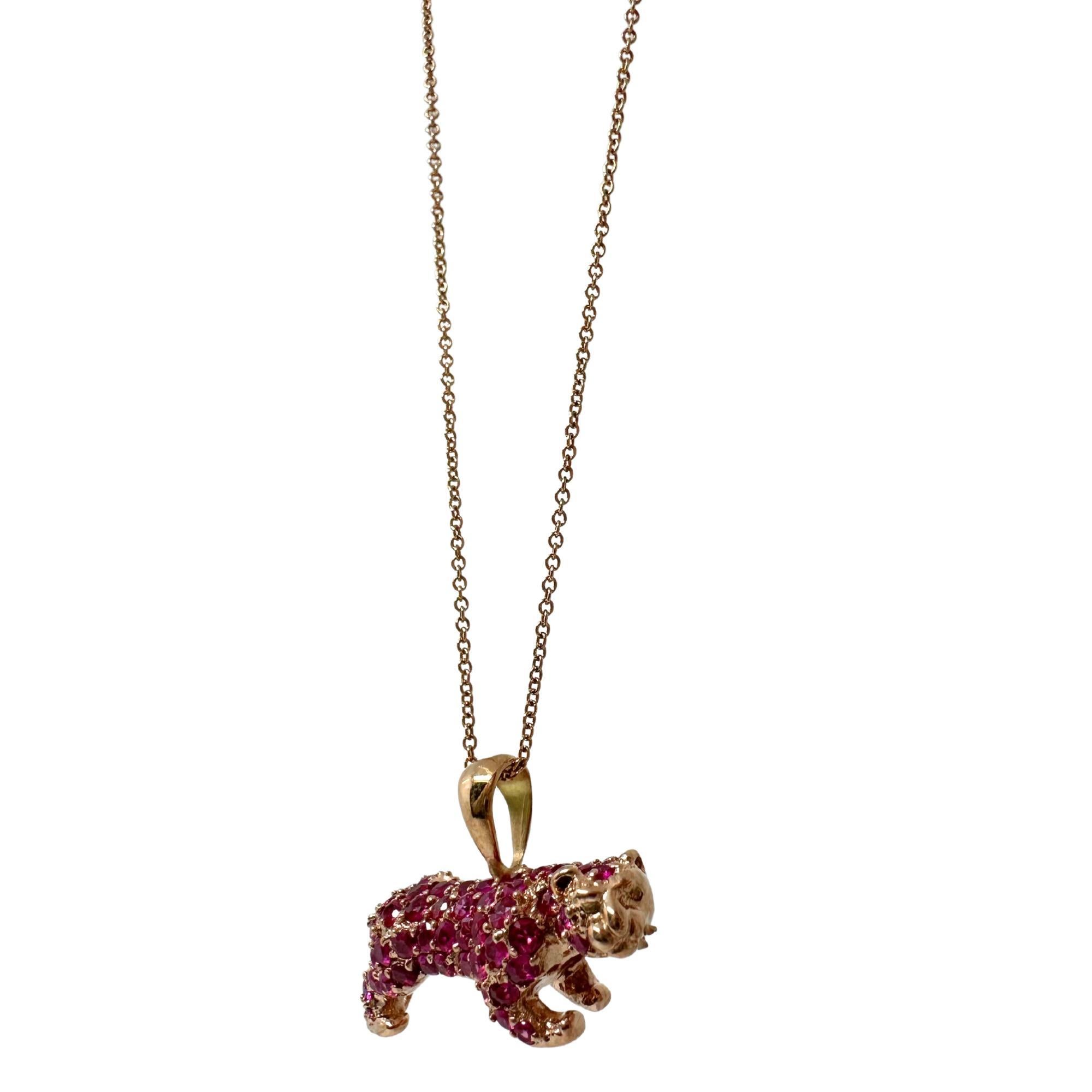 18K Rose Gold Pink Sapphire Pink Panther Pendant Necklace
Condition: In good condition with some minor surface wear consistent with age.
Length: 18 inch chain, can be shortened to 15 inches, 1 inch pendant
Metal: 18K Rose Gold
Weight: 6.3 grams
Pink
