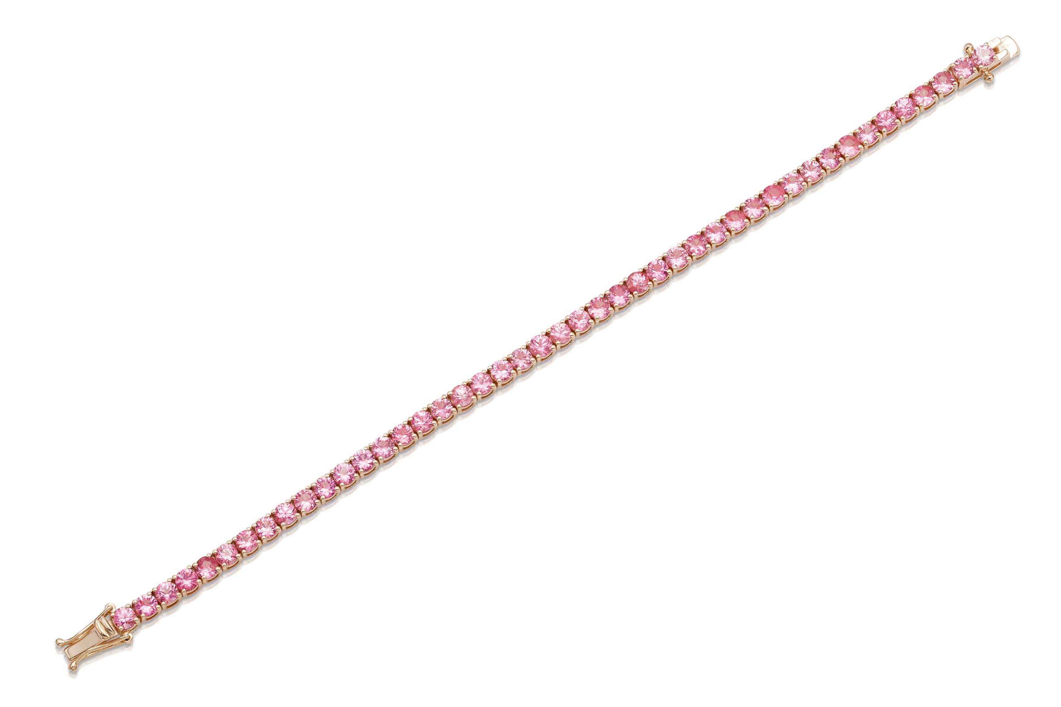 Handmade 18K Rose Gold Tennis Bracelet with 45 Round Brilliant Cut Pink Sapphires weighting 8.40 carat, 6.5 inch. 