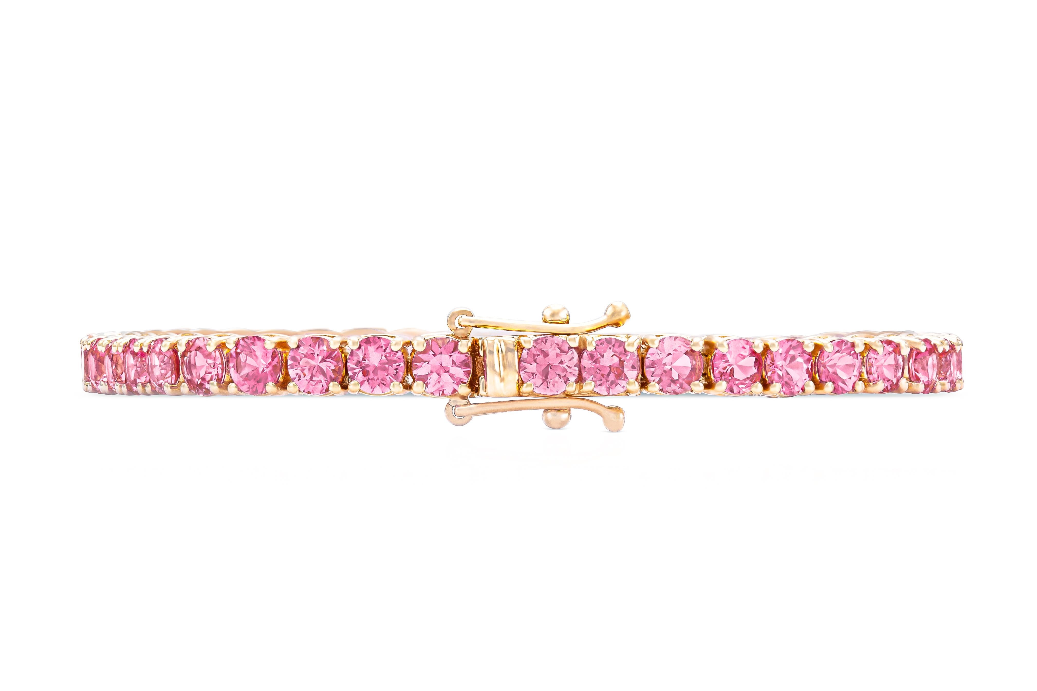 Modern 18K Rose Gold Pink Sapphire Tennis Bracelet DTW: 8.40ct For Sale