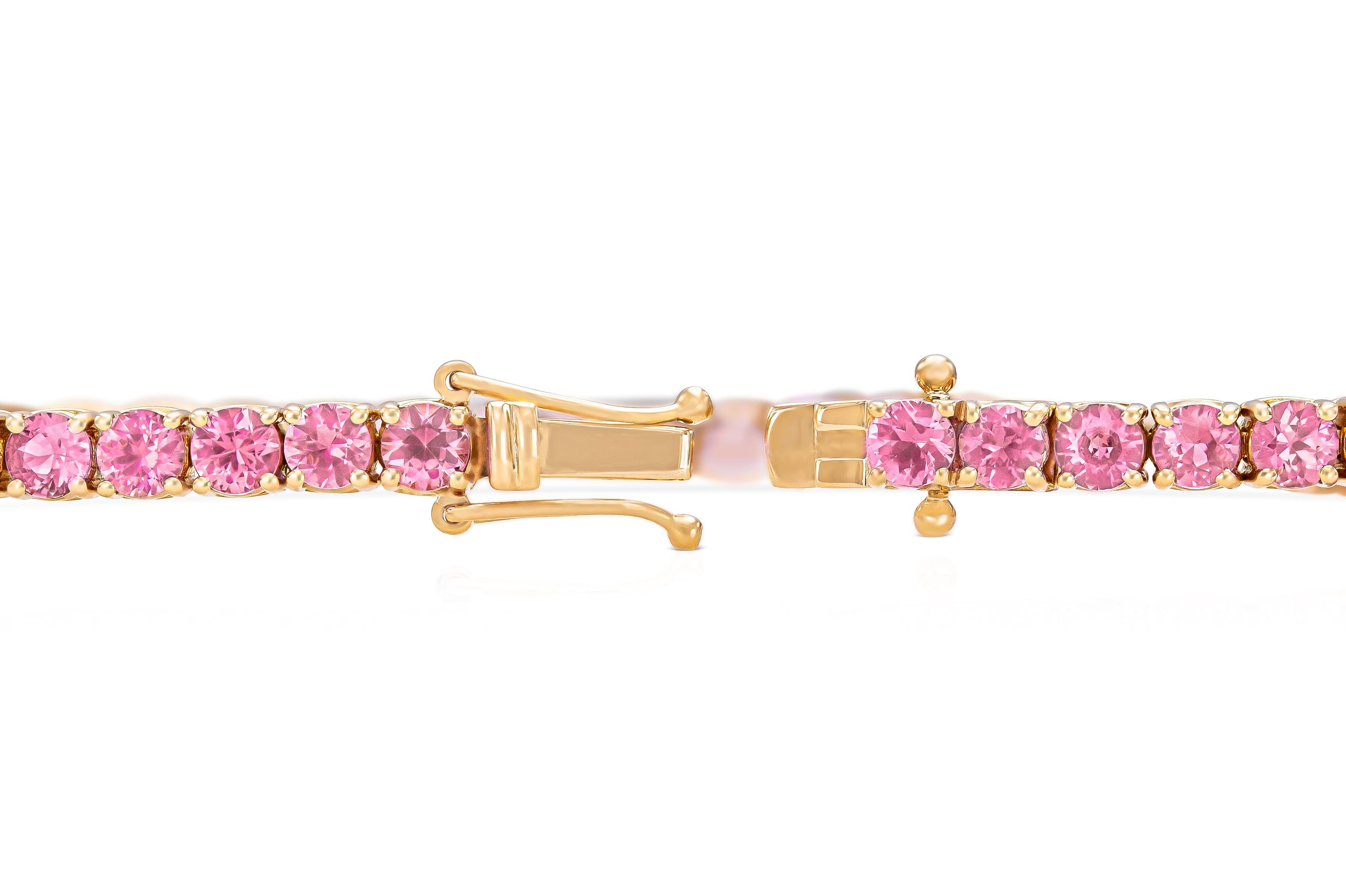 Round Cut 18K Rose Gold Pink Sapphire Tennis Bracelet DTW: 8.40ct For Sale