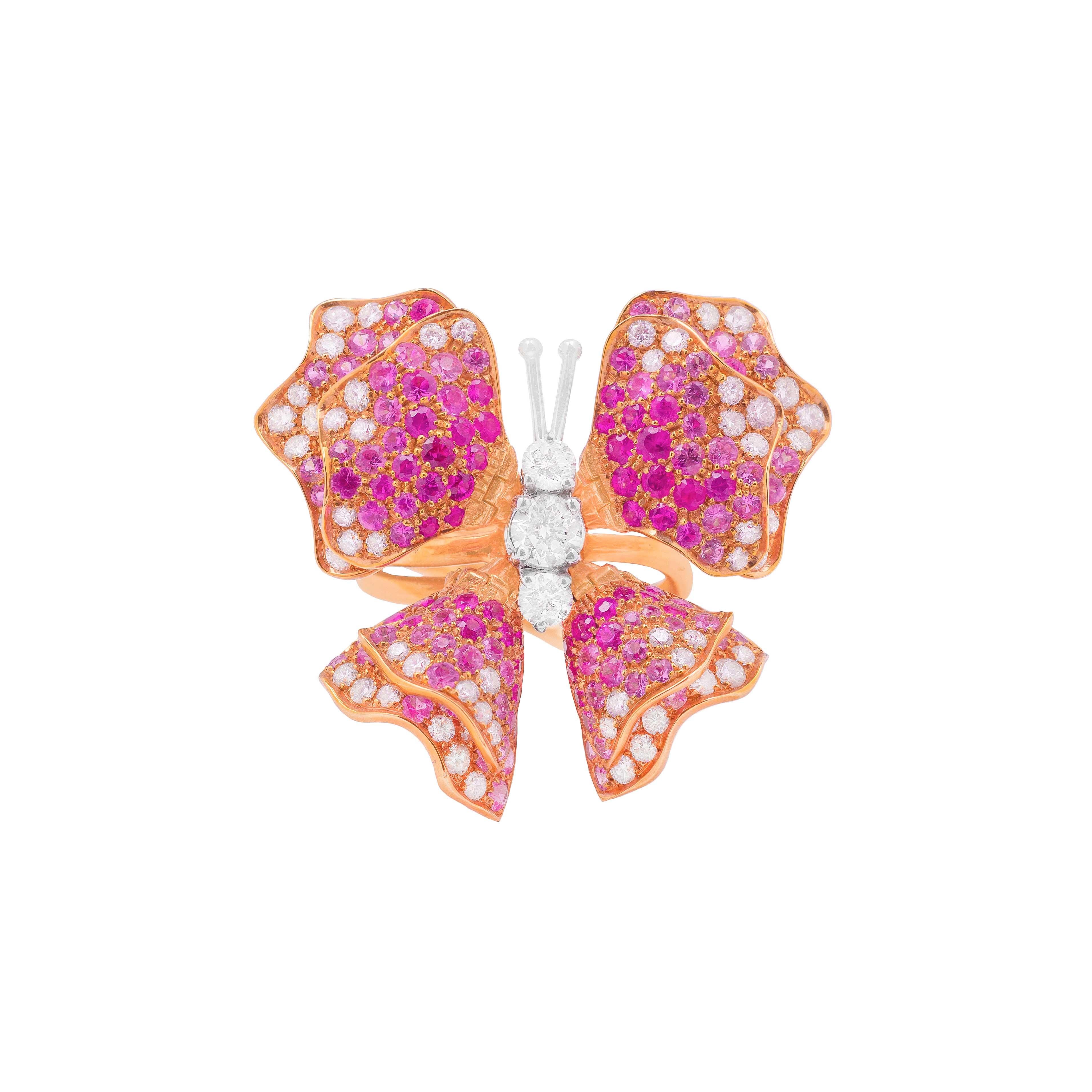 For Sale:  18k Rose Gold, Pink Sapphires and White Diamonds Butterfly Ring 2