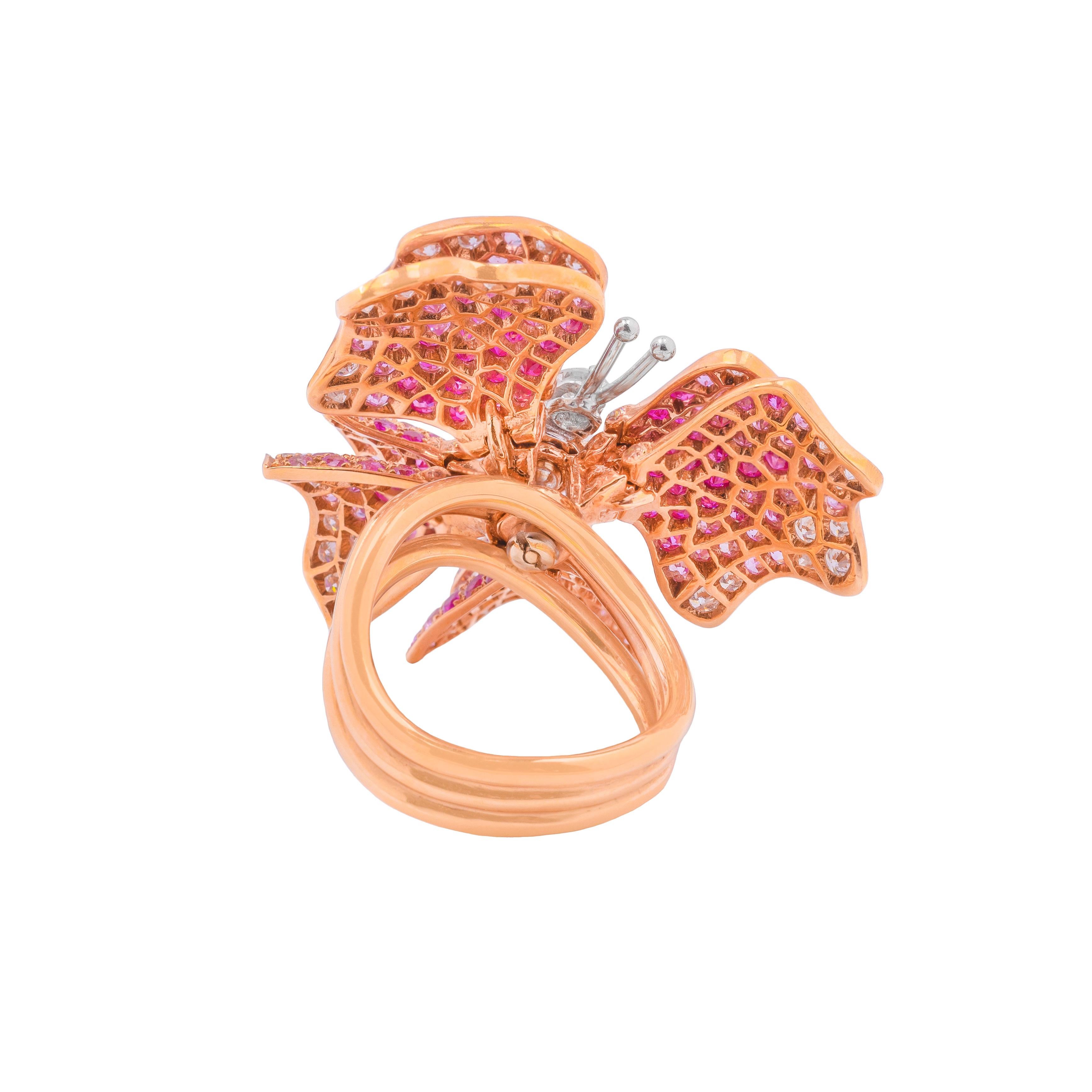 For Sale:  18k Rose Gold, Pink Sapphires and White Diamonds Butterfly Ring 4
