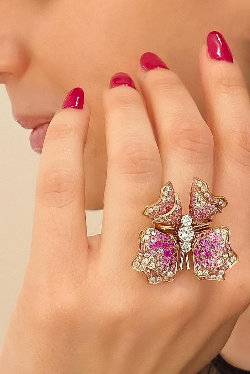 For Sale:  18k Rose Gold, Pink Sapphires and White Diamonds Butterfly Ring 5