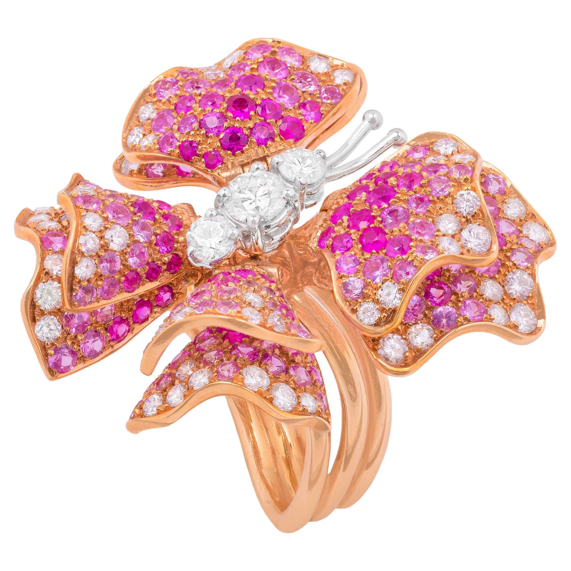 18k Rose Gold, Pink Sapphires and White Diamonds Butterfly Ring