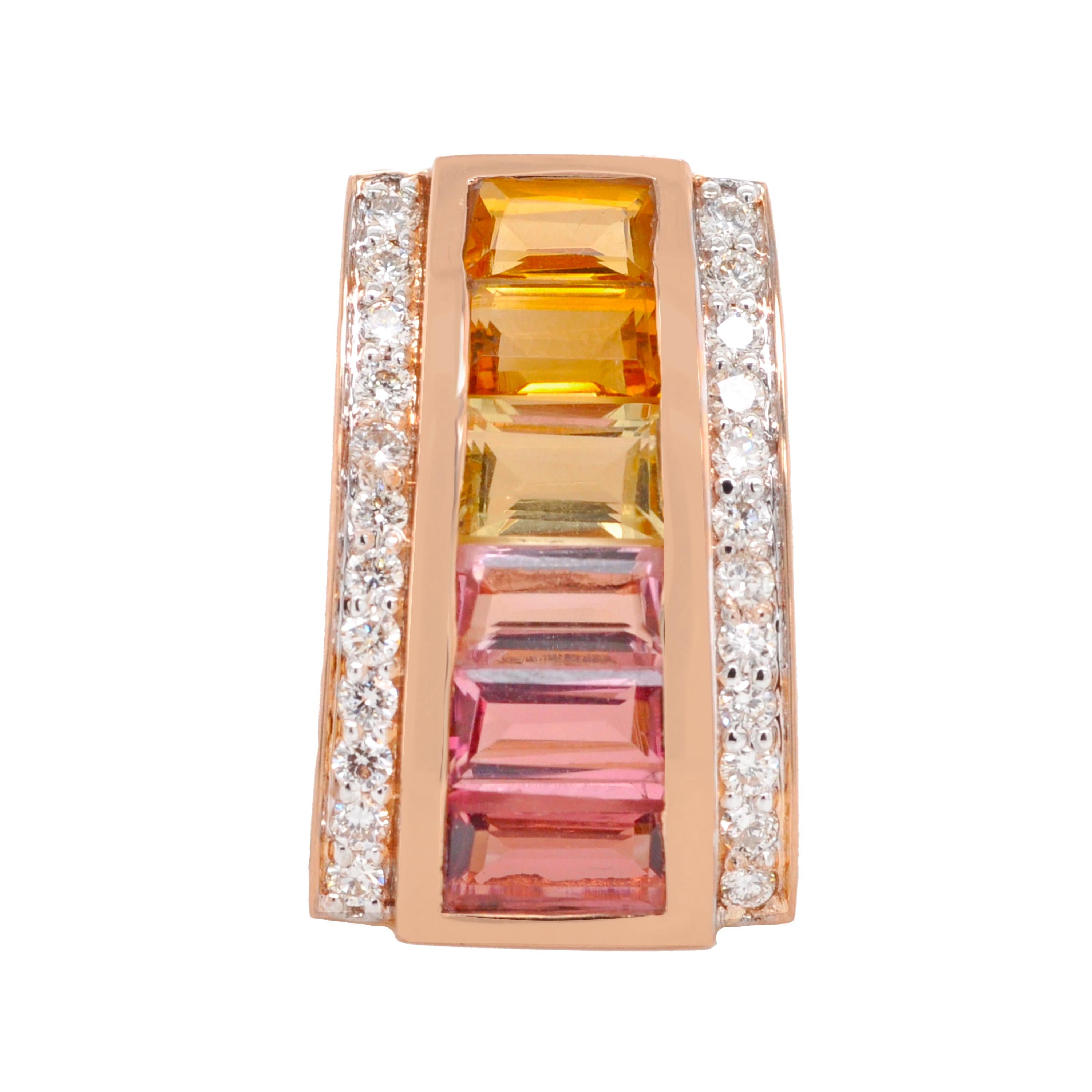 18K Rose Gold Pink Tourmaline Citrine Baguette Diamond Pendant Stud Earrings For Sale 4