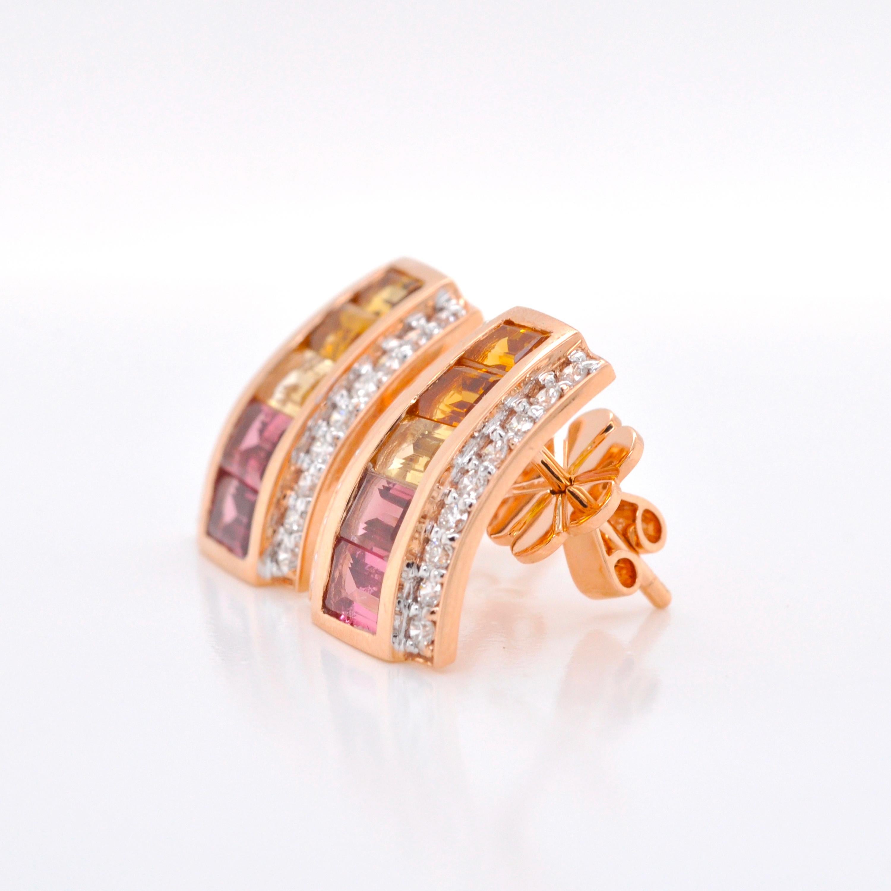 18K Rose Gold Pink Tourmaline Citrine Baguette Diamond Pendant Stud Earrings For Sale 8
